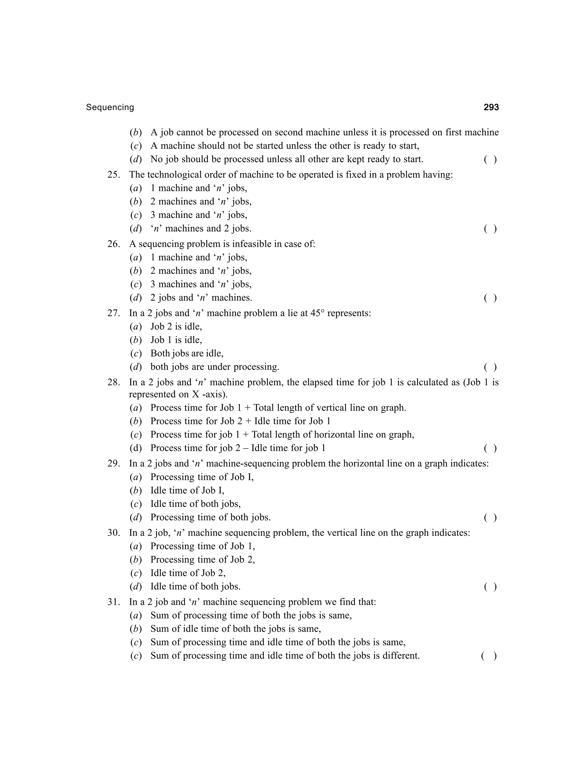 Sequencing

293

(b) A job cannot be processed on second machine unless it is processed on first machine
(c) A machine should not be started unless the other is ready to start,
(d) No job should be processed unless all other are kept ready to start.
( )
25. The technological order of machine to be operated is fixed in a problem having:
(a) 1 machine and ‘n’ jobs,
(b) 2 machines and ‘n’ jobs,
(c) 3 machine and ‘n’ jobs,
(d) ‘n’ machines and 2 jobs.

( )

26. A sequencing problem is infeasible in case of:
(a) 1 machine and ‘n’ jobs,
(b) 2 machines and ‘n’ jobs,
(c) 3 machines and ‘n’ jobs,
(d) 2 jobs and ‘n’ machines.

( )

27. In a 2 jobs and ‘n’ machine problem a lie at 45° represents:
(a) Job 2 is idle,
(b) Job 1 is idle,
(c) Both jobs are idle,
(d) both jobs are under processing.

( )

28. In a 2 jobs and ‘n’ machine problem, the elapsed time for job 1 is calculated as (Job 1 is
represented on X -axis).
(a) Process time for Job 1 + Total length of vertical line on graph.
(b) Process time for Job 2 + Idle time for Job 1
(c) Process time for job 1 + Total length of horizontal line on graph,
(d) Process time for job 2 – Idle time for job 1
( )
29. In a 2 jobs and ‘n’ machine-sequencing problem the horizontal line on a graph indicates:
(a) Processing time of Job I,
(b) Idle time of Job I,
(c) Idle time of both jobs,
(d) Processing time of both jobs.
( )
30. In a 2 job, ‘n’ machine sequencing problem, the vertical line on the graph indicates:
(a) Processing time of Job 1,
(b) Processing time of Job 2,
(c) Idle time of Job 2,
(d) Idle time of both jobs.

( )

31. In a 2 job and ‘n’ machine sequencing problem we find that:
(a) Sum of processing time of both the jobs is same,
(b) Sum of idle time of both the jobs is same,
(c) Sum of processing time and idle time of both the jobs is same,
(c) Sum of processing time and idle time of both the jobs is different.

( )

 