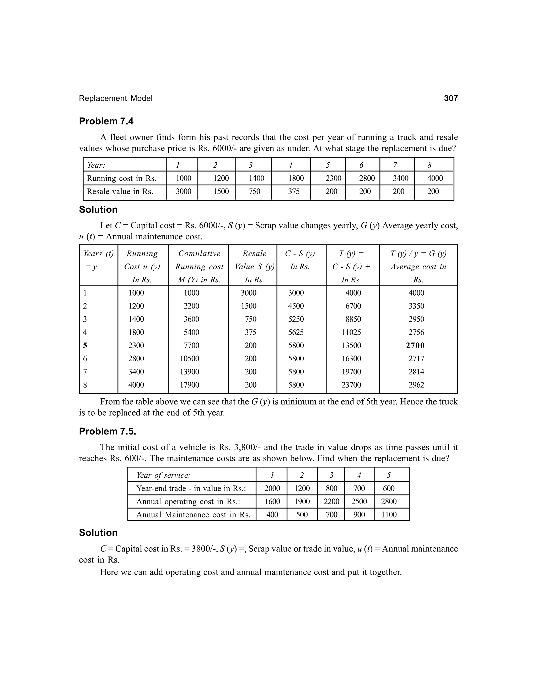 307

Replacement Model

Problem 7.4
A fleet owner finds form his past records that the cost per year of running a truck and resale
values whose purchase price is Rs. 6000/- are given as under. At what stage the replacement is due?
Year:

1

2

3

4

5

6

7

8

Running cost in Rs.

1000

1200

1400

1800

2300

2800

3400

4000

Resale value in Rs.

3000

1500

750

375

200

200

200

200

Solution
Let C = Capital cost = Rs. 6000/-, S (y) = Scrap value changes yearly, G (y) Average yearly cost,
u (t) = Annual maintenance cost.
Years (t)

Running

Comulative

Resale

C - S (y)

T (y) =

T (y) / y = G (y)

Cost u (y)

Running cost

Value S (y)

In Rs.

C - S (y) +

Average cost in

In Rs.

=y

M (Y) in Rs.

In Rs.

In Rs.

Rs.

1

1000

1000

3000

3000

4000

4000

2

1200

2200

1500

4500

6700

3350

3

1400

3600

750

5250

8850

2950

4

1800

5400

375

5625

11025

2756

5

2300

7700

200

5800

13500

2700

6

2800

10500

200

5800

16300

2717

7

3400

13900

200

5800

19700

2814

8

4000

17900

200

5800

23700

2962

From the table above we can see that the G (y) is minimum at the end of 5th year. Hence the truck
is to be replaced at the end of 5th year.

Problem 7.5.
The initial cost of a vehicle is Rs. 3,800/- and the trade in value drops as time passes until it
reaches Rs. 600/-. The maintenance costs are as shown below. Find when the replacement is due?
Year of service:

1

2

3

4

5

Year-end trade - in value in Rs.:

2000

1200

800

700

600

Annual operating cost in Rs.:

1600

1900

2200

2500

2800

Annual Maintenance cost in Rs.

400

500

700

900

1100

Solution
C = Capital cost in Rs. = 3800/-, S (y) =, Scrap value or trade in value, u (t) = Annual maintenance
cost in Rs.
Here we can add operating cost and annual maintenance cost and put it together.

 