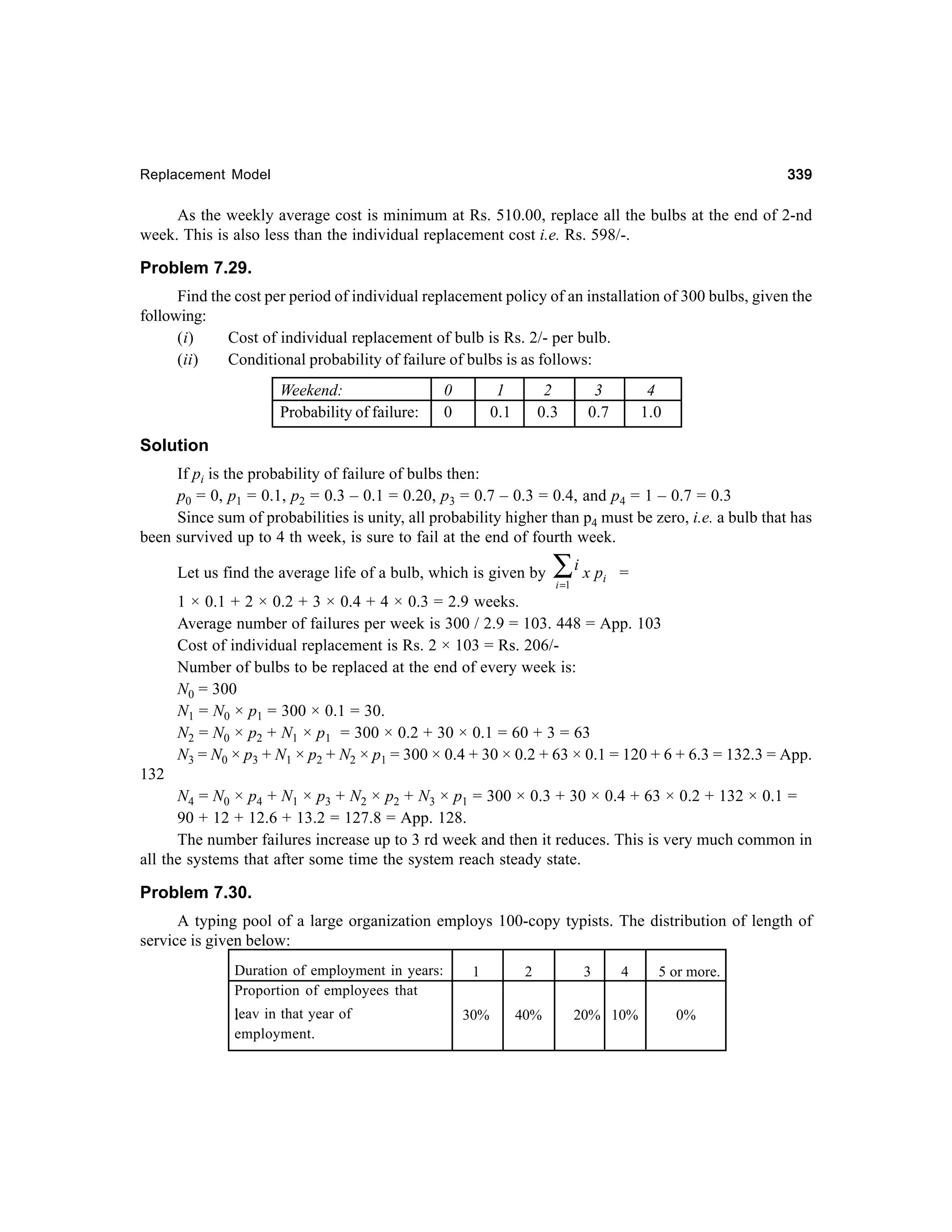 339

Replacement Model

As the weekly average cost is minimum at Rs. 510.00, replace all the bulbs at the end of 2-nd
week. This is also less than the individual replacement cost i.e. Rs. 598/-.

Problem 7.29.
Find the cost per period of individual replacement policy of an installation of 300 bulbs, given the
following:
(i)
Cost of individual replacement of bulb is Rs. 2/- per bulb.
(ii)
Conditional probability of failure of bulbs is as follows:
Weekend:
Probability of failure:

0
0

1
0.1

2
0.3

3
0.7

4
1.0

Solution
If pi is the probability of failure of bulbs then:
p0 = 0, p1 = 0.1, p2 = 0.3 – 0.1 = 0.20, p3 = 0.7 – 0.3 = 0.4, and p4 = 1 – 0.7 = 0.3
Since sum of probabilities is unity, all probability higher than p4 must be zero, i.e. a bulb that has
been survived up to 4 th week, is sure to fail at the end of fourth week.
Let us find the average life of a bulb, which is given by

∑ i x pi
i =1

=

1 × 0.1 + 2 × 0.2 + 3 × 0.4 + 4 × 0.3 = 2.9 weeks.
Average number of failures per week is 300 / 2.9 = 103. 448 = App. 103
Cost of individual replacement is Rs. 2 × 103 = Rs. 206/Number of bulbs to be replaced at the end of every week is:
N0 = 300
N1 = N0 × p1 = 300 × 0.1 = 30.
N2 = N0 × p2 + N1 × p1 = 300 × 0.2 + 30 × 0.1 = 60 + 3 = 63
N3 = N0 × p3 + N1 × p2 + N2 × p1 = 300 × 0.4 + 30 × 0.2 + 63 × 0.1 = 120 + 6 + 6.3 = 132.3 = App.
132
N4 = N0 × p4 + N1 × p3 + N2 × p2 + N3 × p1 = 300 × 0.3 + 30 × 0.4 + 63 × 0.2 + 132 × 0.1 =
90 + 12 + 12.6 + 13.2 = 127.8 = App. 128.
The number failures increase up to 3 rd week and then it reduces. This is very much common in
all the systems that after some time the system reach steady state.

Problem 7.30.
A typing pool of a large organization employs 100-copy typists. The distribution of length of
service is given below:
Duration of employment in years:
Proportion of employees that
leav in that year of
l
employment.

1

2

30%

40%

3

4

20% 10%

5 or more.
0%

 