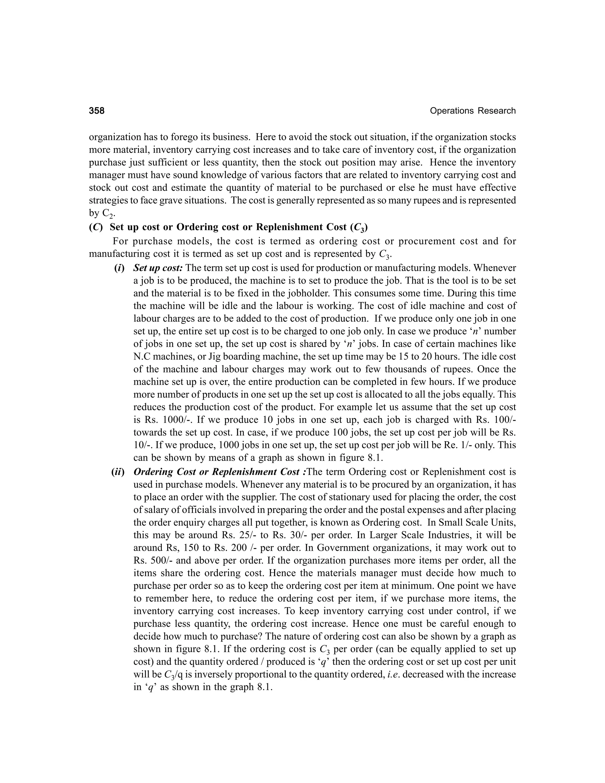 358

Operations Research

organization has to forego its business. Here to avoid the stock out situation, if the organization stocks
more material, inventory carrying cost increases and to take care of inventory cost, if the organization
purchase just sufficient or less quantity, then the stock out position may arise. Hence the inventory
manager must have sound knowledge of various factors that are related to inventory carrying cost and
stock out cost and estimate the quantity of material to be purchased or else he must have effective
strategies to face grave situations. The cost is generally represented as so many rupees and is represented
by C2.
(C) Set up cost or Ordering cost or Replenishment Cost (C3)
For purchase models, the cost is termed as ordering cost or procurement cost and for
manufacturing cost it is termed as set up cost and is represented by C3.
(i) Set up cost: The term set up cost is used for production or manufacturing models. Whenever
a job is to be produced, the machine is to set to produce the job. That is the tool is to be set
and the material is to be fixed in the jobholder. This consumes some time. During this time
the machine will be idle and the labour is working. The cost of idle machine and cost of
labour charges are to be added to the cost of production. If we produce only one job in one
set up, the entire set up cost is to be charged to one job only. In case we produce ‘n’ number
of jobs in one set up, the set up cost is shared by ‘n’ jobs. In case of certain machines like
N.C machines, or Jig boarding machine, the set up time may be 15 to 20 hours. The idle cost
of the machine and labour charges may work out to few thousands of rupees. Once the
machine set up is over, the entire production can be completed in few hours. If we produce
more number of products in one set up the set up cost is allocated to all the jobs equally. This
reduces the production cost of the product. For example let us assume that the set up cost
is Rs. 1000/-. If we produce 10 jobs in one set up, each job is charged with Rs. 100/towards the set up cost. In case, if we produce 100 jobs, the set up cost per job will be Rs.
10/-. If we produce, 1000 jobs in one set up, the set up cost per job will be Re. 1/- only. This
can be shown by means of a graph as shown in figure 8.1.
(ii) Ordering Cost or Replenishment Cost :The term Ordering cost or Replenishment cost is
used in purchase models. Whenever any material is to be procured by an organization, it has
to place an order with the supplier. The cost of stationary used for placing the order, the cost
of salary of officials involved in preparing the order and the postal expenses and after placing
the order enquiry charges all put together, is known as Ordering cost. In Small Scale Units,
this may be around Rs. 25/- to Rs. 30/- per order. In Larger Scale Industries, it will be
around Rs, 150 to Rs. 200 /- per order. In Government organizations, it may work out to
Rs. 500/- and above per order. If the organization purchases more items per order, all the
items share the ordering cost. Hence the materials manager must decide how much to
purchase per order so as to keep the ordering cost per item at minimum. One point we have
to remember here, to reduce the ordering cost per item, if we purchase more items, the
inventory carrying cost increases. To keep inventory carrying cost under control, if we
purchase less quantity, the ordering cost increase. Hence one must be careful enough to
decide how much to purchase? The nature of ordering cost can also be shown by a graph as
shown in figure 8.1. If the ordering cost is C3 per order (can be equally applied to set up
cost) and the quantity ordered / produced is ‘q’ then the ordering cost or set up cost per unit
will be C3/q is inversely proportional to the quantity ordered, i.e. decreased with the increase
in ‘q’ as shown in the graph 8.1.

 