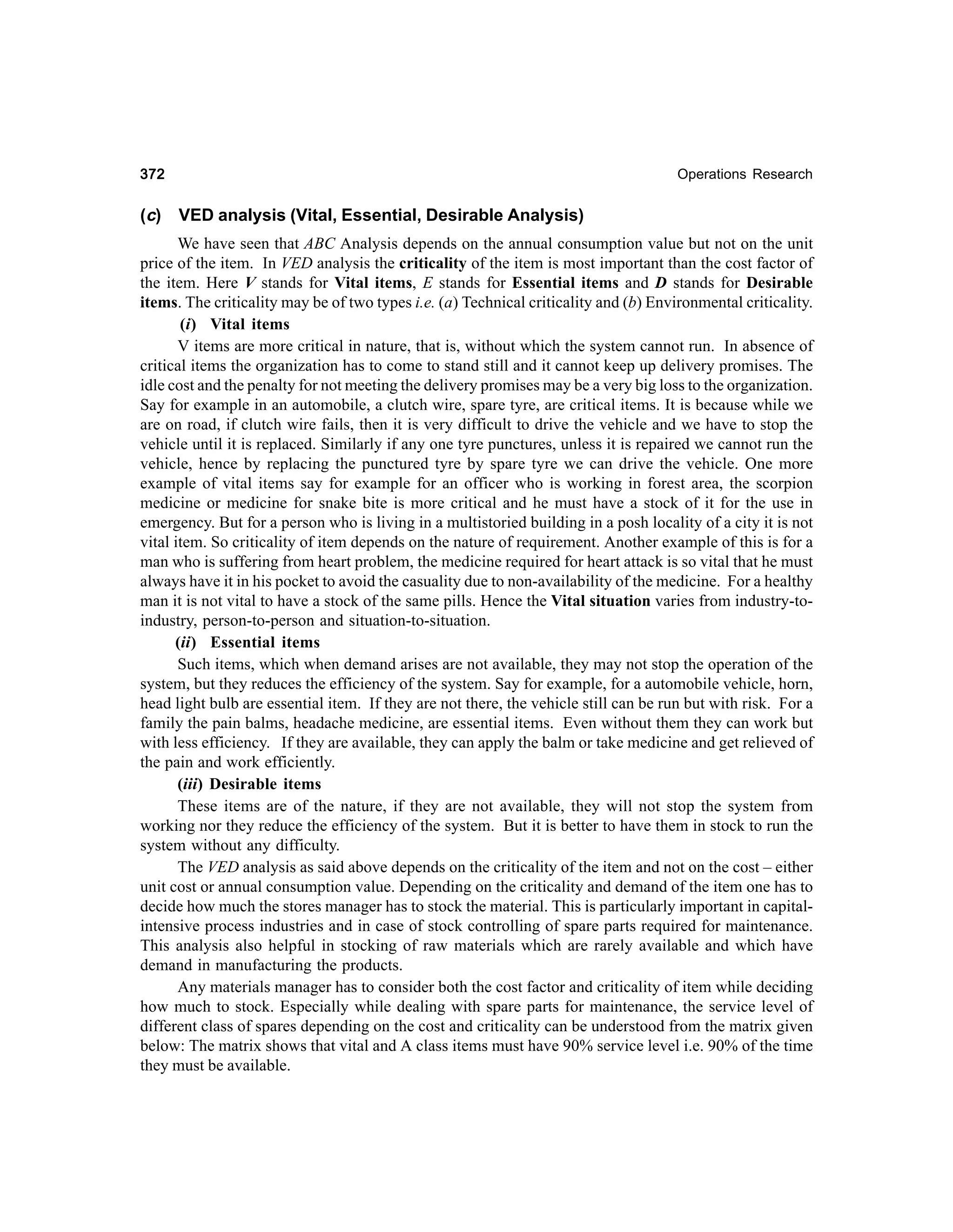 372

( c)

Operations Research

VED analysis (Vital, Essential, Desirable Analysis)

We have seen that ABC Analysis depends on the annual consumption value but not on the unit
price of the item. In VED analysis the criticality of the item is most important than the cost factor of
the item. Here V stands for Vital items, E stands for Essential items and D stands for Desirable
items. The criticality may be of two types i.e. (a) Technical criticality and (b) Environmental criticality.
(i) Vital items
V items are more critical in nature, that is, without which the system cannot run. In absence of
critical items the organization has to come to stand still and it cannot keep up delivery promises. The
idle cost and the penalty for not meeting the delivery promises may be a very big loss to the organization.
Say for example in an automobile, a clutch wire, spare tyre, are critical items. It is because while we
are on road, if clutch wire fails, then it is very difficult to drive the vehicle and we have to stop the
vehicle until it is replaced. Similarly if any one tyre punctures, unless it is repaired we cannot run the
vehicle, hence by replacing the punctured tyre by spare tyre we can drive the vehicle. One more
example of vital items say for example for an officer who is working in forest area, the scorpion
medicine or medicine for snake bite is more critical and he must have a stock of it for the use in
emergency. But for a person who is living in a multistoried building in a posh locality of a city it is not
vital item. So criticality of item depends on the nature of requirement. Another example of this is for a
man who is suffering from heart problem, the medicine required for heart attack is so vital that he must
always have it in his pocket to avoid the casuality due to non-availability of the medicine. For a healthy
man it is not vital to have a stock of the same pills. Hence the Vital situation varies from industry-toindustry, person-to-person and situation-to-situation.
(ii) Essential items
Such items, which when demand arises are not available, they may not stop the operation of the
system, but they reduces the efficiency of the system. Say for example, for a automobile vehicle, horn,
head light bulb are essential item. If they are not there, the vehicle still can be run but with risk. For a
family the pain balms, headache medicine, are essential items. Even without them they can work but
with less efficiency. If they are available, they can apply the balm or take medicine and get relieved of
the pain and work efficiently.
(iii) Desirable items
These items are of the nature, if they are not available, they will not stop the system from
working nor they reduce the efficiency of the system. But it is better to have them in stock to run the
system without any difficulty.
The VED analysis as said above depends on the criticality of the item and not on the cost – either
unit cost or annual consumption value. Depending on the criticality and demand of the item one has to
decide how much the stores manager has to stock the material. This is particularly important in capitalintensive process industries and in case of stock controlling of spare parts required for maintenance.
This analysis also helpful in stocking of raw materials which are rarely available and which have
demand in manufacturing the products.
Any materials manager has to consider both the cost factor and criticality of item while deciding
how much to stock. Especially while dealing with spare parts for maintenance, the service level of
different class of spares depending on the cost and criticality can be understood from the matrix given
below: The matrix shows that vital and A class items must have 90% service level i.e. 90% of the time
they must be available.

 