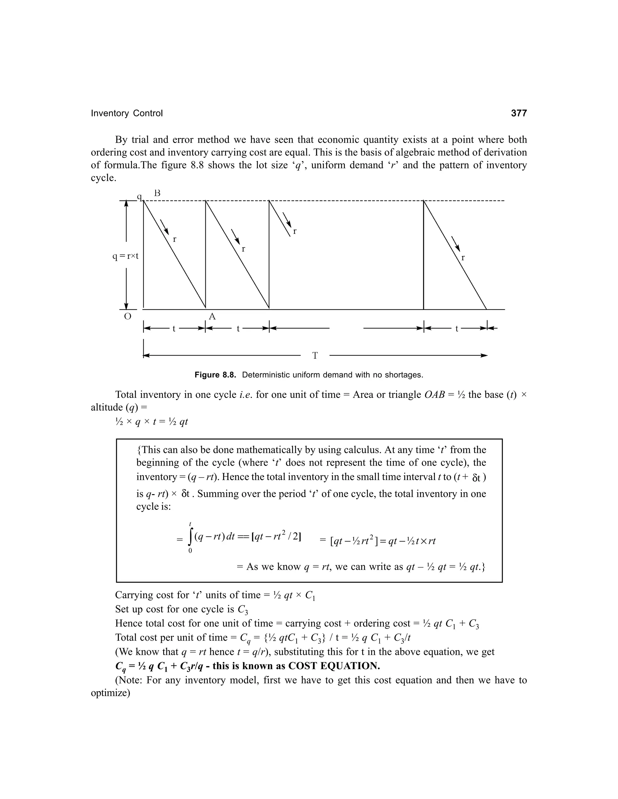 377

Inventory Control

By trial and error method we have seen that economic quantity exists at a point where both
ordering cost and inventory carrying cost are equal. This is the basis of algebraic method of derivation
of formula.The figure 8.8 shows the lot size ‘q’, uniform demand ‘r’ and the pattern of inventory
cycle.

Figure 8.8. Deterministic uniform demand with no shortages.

Total inventory in one cycle i.e. for one unit of time = Area or triangle OAB = ½ the base (t) ×
altitude (q) =
½ × q × t = ½ qt
{This can also be done mathematically by using calculus. At any time ‘t’ from the
beginning of the cycle (where ‘t’ does not represent the time of one cycle), the
inventory = (q – rt). Hence the total inventory in the small time interval t to (t + δt )
is q- rt) × δt . Summing over the period ‘t’ of one cycle, the total inventory in one
cycle is:
t

=

∫ (q − rt ) dt == [qt − rt

2

/ 2]

= [qt − ½ rt 2 ] = qt − ½ t × rt

0

= As we know q = rt, we can write as qt – ½ qt = ½ qt.}
Carrying cost for ‘t’ units of time = ½ qt × C1
Set up cost for one cycle is C3
Hence total cost for one unit of time = carrying cost + ordering cost = ½ qt C1 + C3
Total cost per unit of time = Cq = {½ qtC1 + C3} / t = ½ q C1 + C3/t
(We know that q = rt hence t = q/r), substituting this for t in the above equation, we get
Cq = ½ q C1 + C3r/q - this is known as COST EQUATION.
(Note: For any inventory model, first we have to get this cost equation and then we have to
optimize)

 