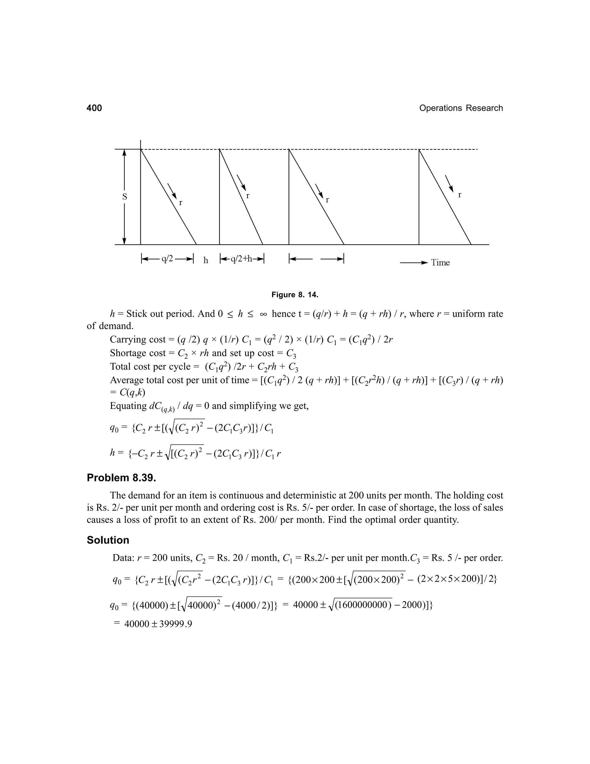 400

Operations Research

Figure 8. 14.

h = Stick out period. And 0 ≤ h ≤ ∞ hence t = (q/r) + h = (q + rh) / r, where r = uniform rate
of demand.
Carrying cost = (q /2) q × (1/r) C1 = (q2 / 2) × (1/r) C1 = (C1q2) / 2r
Shortage cost = C2 × rh and set up cost = C3
Total cost per cycle = (C1q2) /2r + C2rh + C3
Average total cost per unit of time = [(C1q2) / 2 (q + rh)] + [(C2r2h) / (q + rh)] + [(C3r) / (q + rh)
= C(q,k)
Equating dC(q,k) / dq = 0 and simplifying we get,
q0 = {C2 r ± [( (C2 r ) 2 − (2C1C3 r )]} / C1
h = {−C2 r ± [(C2 r ) 2 − (2C1C3 r )]} / C1 r

Problem 8.39.
The demand for an item is continuous and deterministic at 200 units per month. The holding cost
is Rs. 2/- per unit per month and ordering cost is Rs. 5/- per order. In case of shortage, the loss of sales
causes a loss of profit to an extent of Rs. 200/ per month. Find the optimal order quantity.

Solution
Data: r = 200 units, C2 = Rs. 20 / month, C1 = Rs.2/- per unit per month.C3 = Rs. 5 /- per order.
q0 = {C2 r ± [( (C2 r 2 − ( 2C1C3 r )]} / C1 = {(200 × 200 ± [ ( 200 × 200) 2 − (2 × 2 × 5 × 200)] / 2}
q0 = {(40000) ± [ 40000) 2 − (4000 / 2)]} = 40000 ± (1600000000 ) − 2000 )]}
= 40000 ± 39999 .9

 