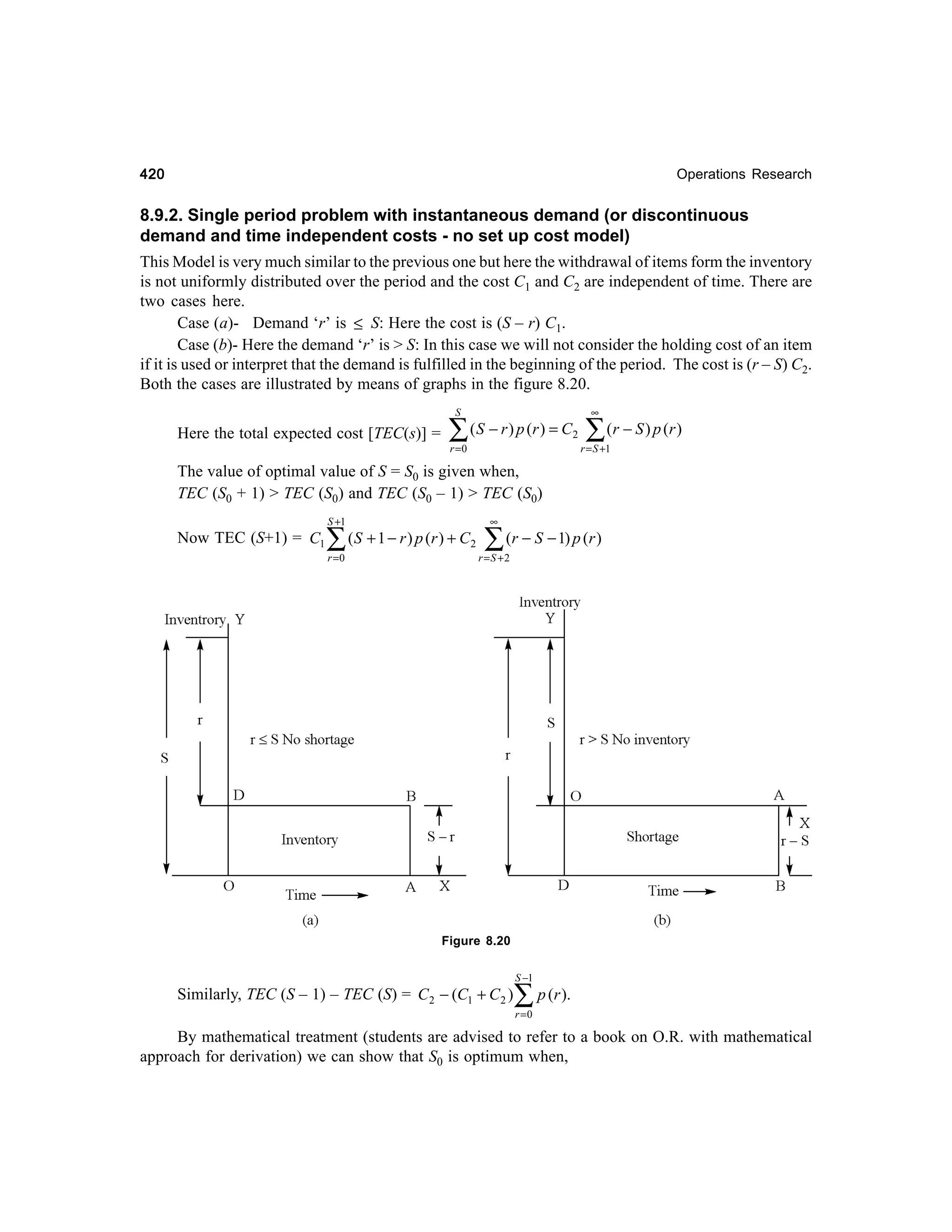 420

Operations Research

8.9.2. Single period problem with instantaneous demand (or discontinuous
demand and time independent costs - no set up cost model)
This Model is very much similar to the previous one but here the withdrawal of items form the inventory
is not uniformly distributed over the period and the cost C1 and C2 are independent of time. There are
two cases here.
Case (a)- Demand ‘r’ is ≤ S: Here the cost is (S – r) C1.
Case (b)- Here the demand ‘r’ is > S: In this case we will not consider the holding cost of an item
if it is used or interpret that the demand is fulfilled in the beginning of the period. The cost is (r – S) C2.
Both the cases are illustrated by means of graphs in the figure 8.20.
S

Here the total expected cost [TEC(s)] =

∑

( S − r ) p (r ) = C 2

r =0

∞

∑ ( r − S ) p (r )

r = S +1

The value of optimal value of S = S0 is given when,
TEC (S0 + 1) > TEC (S0) and TEC (S0 – 1) > TEC (S0)
S +1

Now TEC (S+1) = C1

∑
r =0

( S + 1 − r ) p (r ) + C 2

∞

∑ (r − S − 1) p (r )

r =S +2

Figure 8.20

Similarly, TEC (S – 1) – TEC (S) = C 2 − (C1 + C 2 )

S −1

∑ p (r ).
r =0

By mathematical treatment (students are advised to refer to a book on O.R. with mathematical
approach for derivation) we can show that S0 is optimum when,

 