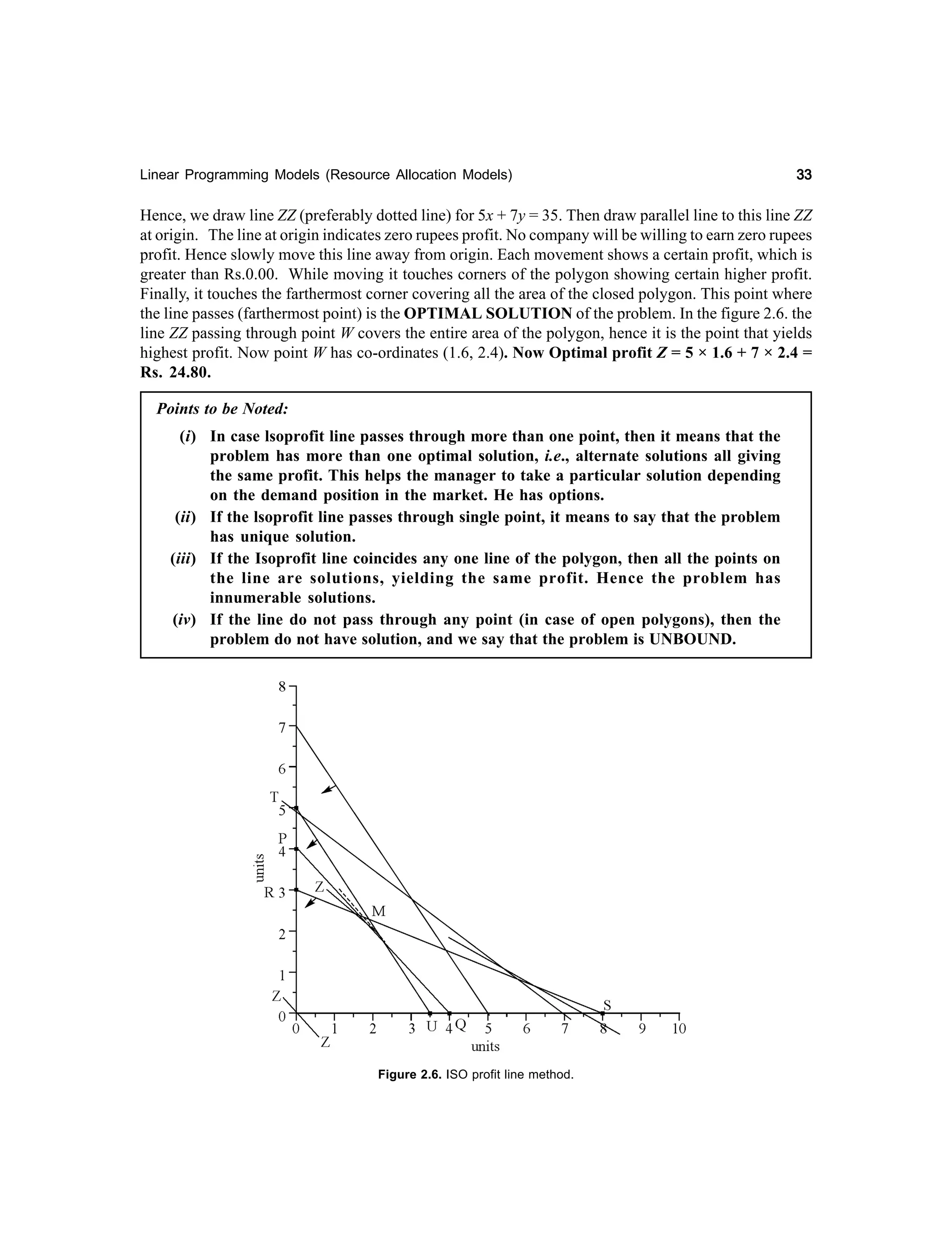 Linear Programming Models (Resource Allocation Models)

33

Hence, we draw line ZZ (preferably dotted line) for 5x + 7y = 35. Then draw parallel line to this line ZZ
at origin. The line at origin indicates zero rupees profit. No company will be willing to earn zero rupees
profit. Hence slowly move this line away from origin. Each movement shows a certain profit, which is
greater than Rs.0.00. While moving it touches corners of the polygon showing certain higher profit.
Finally, it touches the farthermost corner covering all the area of the closed polygon. This point where
the line passes (farthermost point) is the OPTIMAL SOLUTION of the problem. In the figure 2.6. the
line ZZ passing through point W covers the entire area of the polygon, hence it is the point that yields
highest profit. Now point W has co-ordinates (1.6, 2.4). Now Optimal profit Z = 5 × 1.6 + 7 × 2.4 =
Rs. 24.80.
Points to be Noted:
(i) In case lsoprofit line passes through more than one point, then it means that the
problem has more than one optimal solution, i.e., alternate solutions all giving
the same profit. This helps the manager to take a particular solution depending
on the demand position in the market. He has options.
(ii) If the lsoprofit line passes through single point, it means to say that the problem
has unique solution.
(iii) If the Isoprofit line coincides any one line of the polygon, then all the points on
the line are solutions, yielding the same profit. Hence the problem has
innumerable solutions.
(iv) If the line do not pass through any point (in case of open polygons), then the
problem do not have solution, and we say that the problem is UNBOUND.

Figure 2.6. ISO profit line method.

 