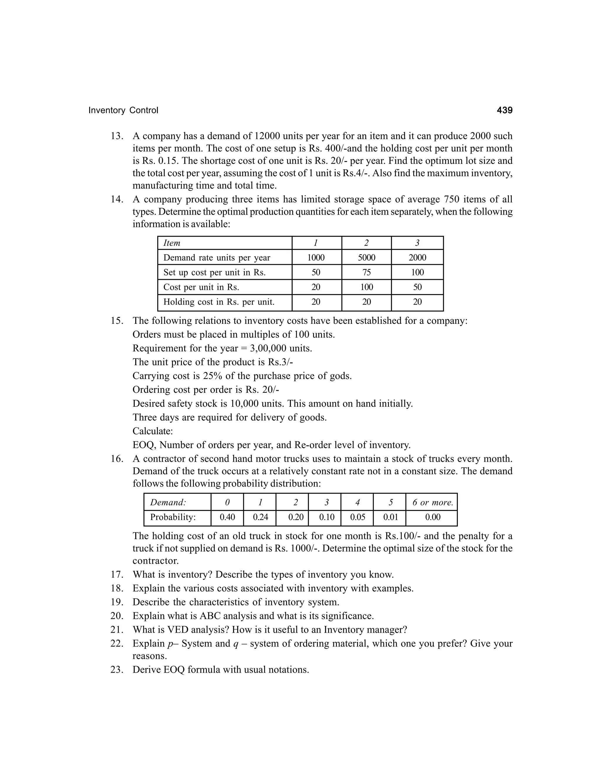 439

Inventory Control

13. A company has a demand of 12000 units per year for an item and it can produce 2000 such
items per month. The cost of one setup is Rs. 400/-and the holding cost per unit per month
is Rs. 0.15. The shortage cost of one unit is Rs. 20/- per year. Find the optimum lot size and
the total cost per year, assuming the cost of 1 unit is Rs.4/-. Also find the maximum inventory,
manufacturing time and total time.
14. A company producing three items has limited storage space of average 750 items of all
types. Determine the optimal production quantities for each item separately, when the following
information is available:
Item

1

3

1000

Demand rate units per year

2
5000

2000

Set up cost per unit in Rs.

50

75

100

Cost per unit in Rs.

20

100

50

Holding cost in Rs. per unit.

20

20

20

15. The following relations to inventory costs have been established for a company:
Orders must be placed in multiples of 100 units.
Requirement for the year = 3,00,000 units.
The unit price of the product is Rs.3/Carrying cost is 25% of the purchase price of gods.
Ordering cost per order is Rs. 20/Desired safety stock is 10,000 units. This amount on hand initially.
Three days are required for delivery of goods.
Calculate:
EOQ, Number of orders per year, and Re-order level of inventory.
16. A contractor of second hand motor trucks uses to maintain a stock of trucks every month.
Demand of the truck occurs at a relatively constant rate not in a constant size. The demand
follows the following probability distribution:
Demand:
Probability:

17.
18.
19.
20.
21.
22.
23.

0

1

2

3

4

5

6 or more.

0.40

0.24

0.20

0.10

0.05

0.01

0.00

The holding cost of an old truck in stock for one month is Rs.100/- and the penalty for a
truck if not supplied on demand is Rs. 1000/-. Determine the optimal size of the stock for the
contractor.
What is inventory? Describe the types of inventory you know.
Explain the various costs associated with inventory with examples.
Describe the characteristics of inventory system.
Explain what is ABC analysis and what is its significance.
What is VED analysis? How is it useful to an Inventory manager?
Explain p– System and q – system of ordering material, which one you prefer? Give your
reasons.
Derive EOQ formula with usual notations.

 