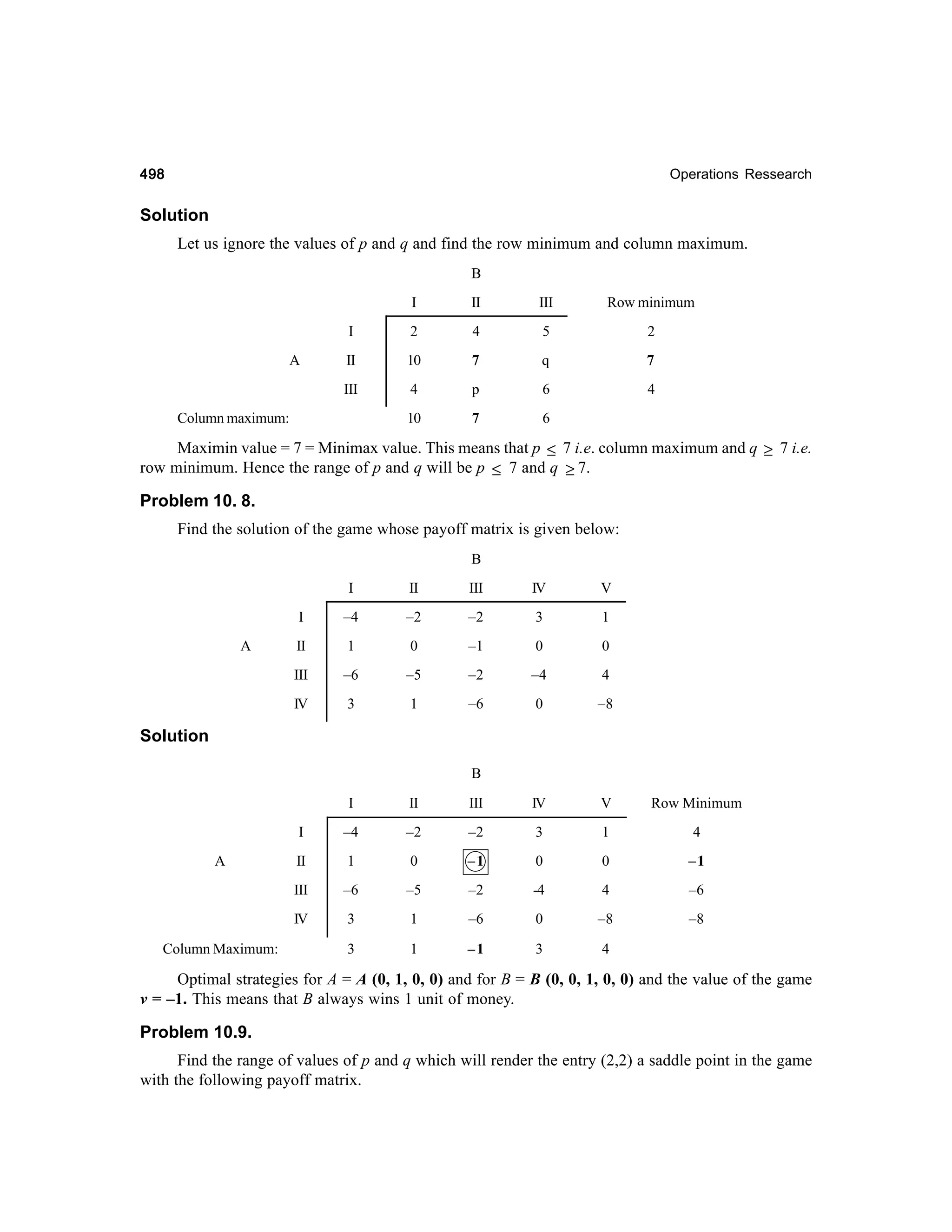 498

Operations Ressearch

Solution
Let us ignore the values of p and q and find the row minimum and column maximum.
B
I

III

Row minimum

I

2

4

5

2

II

10

7

q

7

III

4

p

6

4

10

A

II

7

6

Column maximum:

Maximin value = 7 = Minimax value. This means that p ≤ 7 i.e. column maximum and q ≥ 7 i.e.
row minimum. Hence the range of p and q will be p ≤ 7 and q ≥ 7.

Problem 10. 8.
Find the solution of the game whose payoff matrix is given below:
B
I

III

IV

V

I

–4

–2

–2

3

1

II

1

0

–1

0

0

III

–6

–5

–2

–4

4

IV

A

II

3

1

–6

0

–8

Solution
B
I

IV

V

Row Minimum

–4

–2

–2

3

1

4

II

1

0

–1

0

0

–1

III

–6

–5

–2

-4

4

–6

IV
Column Maximum:

III

I
A

II

3

1

–6

0

–8

–8

3

1

–1

3

4

Optimal strategies for A = A (0, 1, 0, 0) and for B = B (0, 0, 1, 0, 0) and the value of the game
v = –1. This means that B always wins 1 unit of money.

Problem 10.9.
Find the range of values of p and q which will render the entry (2,2) a saddle point in the game
with the following payoff matrix.

 