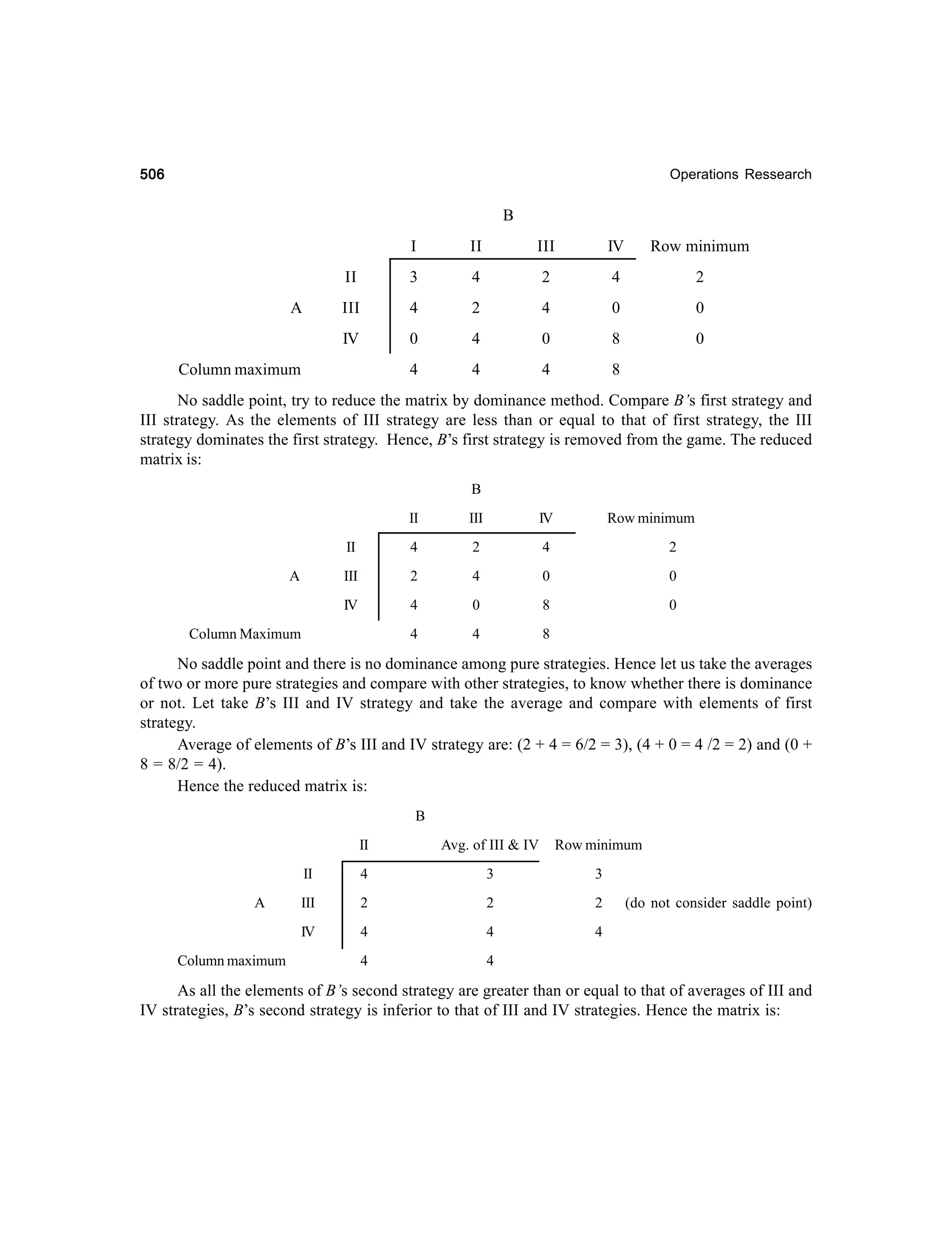 506

Operations Ressearch

B
I

III

IV

Row minimum

II

3

4

2

4

2

III

4

2

4

0

0

IV

0

4

0

8

0

4

A

II

4

4

8

Column maximum

No saddle point, try to reduce the matrix by dominance method. Compare B’s first strategy and
III strategy. As the elements of III strategy are less than or equal to that of first strategy, the III
strategy dominates the first strategy. Hence, B’s first strategy is removed from the game. The reduced
matrix is:
B
II

IV

II

4

2

4

2

III

2

4

0

0

IV

4

0

8

0

4

A

III

4

8

Column Maximum

Row minimum

No saddle point and there is no dominance among pure strategies. Hence let us take the averages
of two or more pure strategies and compare with other strategies, to know whether there is dominance
or not. Let take B’s III and IV strategy and take the average and compare with elements of first
strategy.
Average of elements of B’s III and IV strategy are: (2 + 4 = 6/2 = 3), (4 + 0 = 4 /2 = 2) and (0 +
8 = 8/2 = 4).
Hence the reduced matrix is:
B
II
4

3

3

III

2

2

2

IV
Column maximum

Row minimum

II
A

Avg. of III & IV

4

4

4

4

4

(do not consider saddle point)

As all the elements of B’s second strategy are greater than or equal to that of averages of III and
IV strategies, B’s second strategy is inferior to that of III and IV strategies. Hence the matrix is:

 