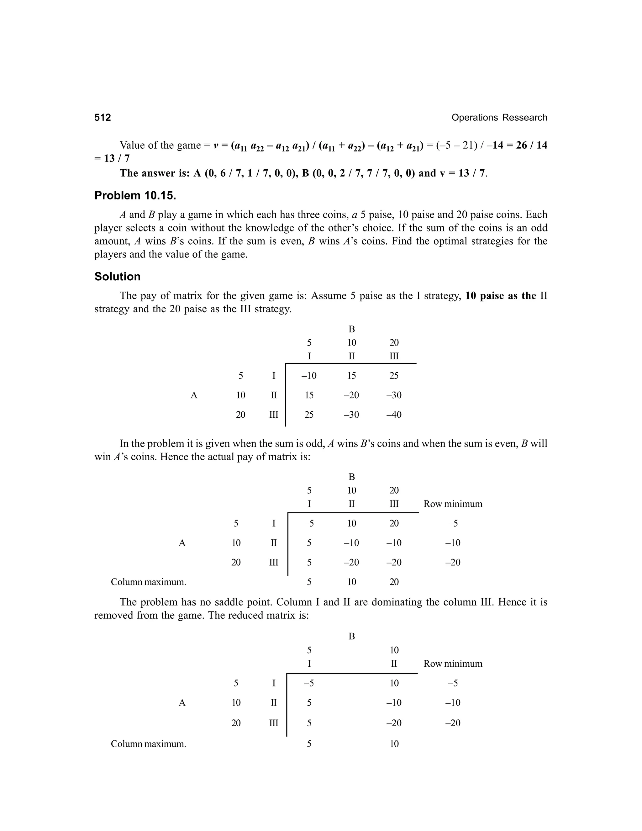 512

Operations Ressearch

Value of the game = v = (a11 a22 – a12 a21) / (a11 + a22) – (a12 + a21) = (–5 – 21) / –14 = 26 / 14
= 13 / 7
The answer is: A (0, 6 / 7, 1 / 7, 0, 0), B (0, 0, 2 / 7, 7 / 7, 0, 0) and v = 13 / 7.

Problem 10.15.
A and B play a game in which each has three coins, a 5 paise, 10 paise and 20 paise coins. Each
player selects a coin without the knowledge of the other’s choice. If the sum of the coins is an odd
amount, A wins B’s coins. If the sum is even, B wins A’s coins. Find the optimal strategies for the
players and the value of the game.

Solution
The pay of matrix for the given game is: Assume 5 paise as the I strategy, 10 paise as the II
strategy and the 20 paise as the III strategy.
5
I

B
10
II

20
III

5

–10

15

25

10

II

15

–20

–30

20

A

I

III

25

–30

–40

In the problem it is given when the sum is odd, A wins B’s coins and when the sum is even, B will
win A’s coins. Hence the actual pay of matrix is:
5
I

B
10
II

20
III

Row minimum

5

–5

10

20

–5

10

II

5

–10

–10

–10

20

A

I

III

5

–20

–20

–20

5

10

20

Column maximum.

The problem has no saddle point. Column I and II are dominating the column III. Hence it is
removed from the game. The reduced matrix is:
B
5
I

10
II

Row minimum

5

Column maximum.

–5

10

–5

10

II

5

–10

–10

20

A

I

III

5

–20

–20

5

10

 