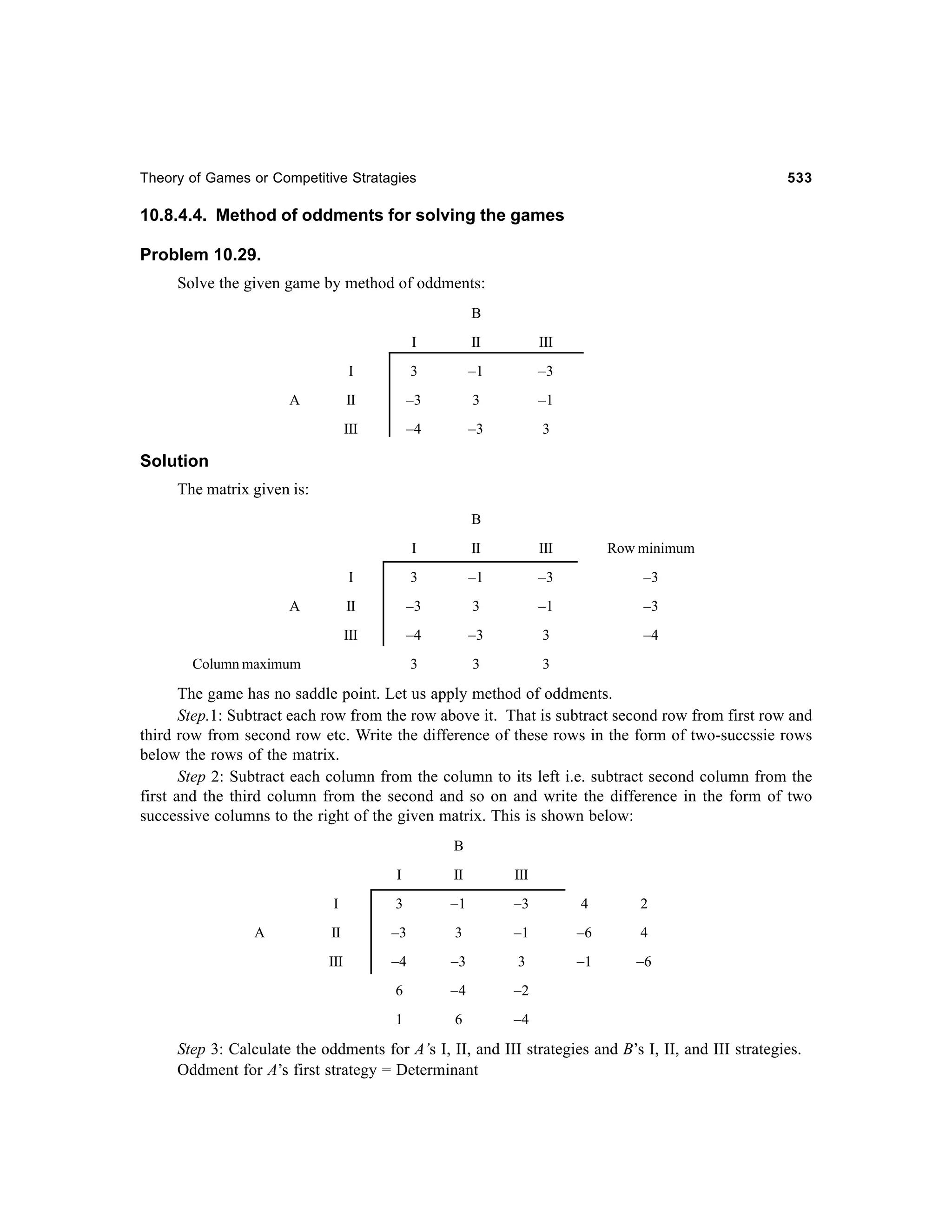 Theory of Games or Competitive Stratagies

533

10.8.4.4. Method of oddments for solving the games
Problem 10.29.
Solve the given game by method of oddments:
B
I

III

I

3

–1

–3

II

–3

3

–1

III

A

II

–4

–3

3

Solution
The matrix given is:
B
I

III

Row minimum

I

3

–1

–3

–3

II

–3

3

–1

–3

III

–4

–3

3

–4

3

A

II

3

3

Column maximum

The game has no saddle point. Let us apply method of oddments.
Step.1: Subtract each row from the row above it. That is subtract second row from first row and
third row from second row etc. Write the difference of these rows in the form of two-succssie rows
below the rows of the matrix.
Step 2: Subtract each column from the column to its left i.e. subtract second column from the
first and the third column from the second and so on and write the difference in the form of two
successive columns to the right of the given matrix. This is shown below:
B
I

III

I

3

–1

–3

4

2

II

–3

3

–1

–6

4

III

–4

–3

3

–1

–6

6

–4

–2

1

A

II

6

–4

Step 3: Calculate the oddments for A’s I, II, and III strategies and B’s I, II, and III strategies.
Oddment for A’s first strategy = Determinant

 