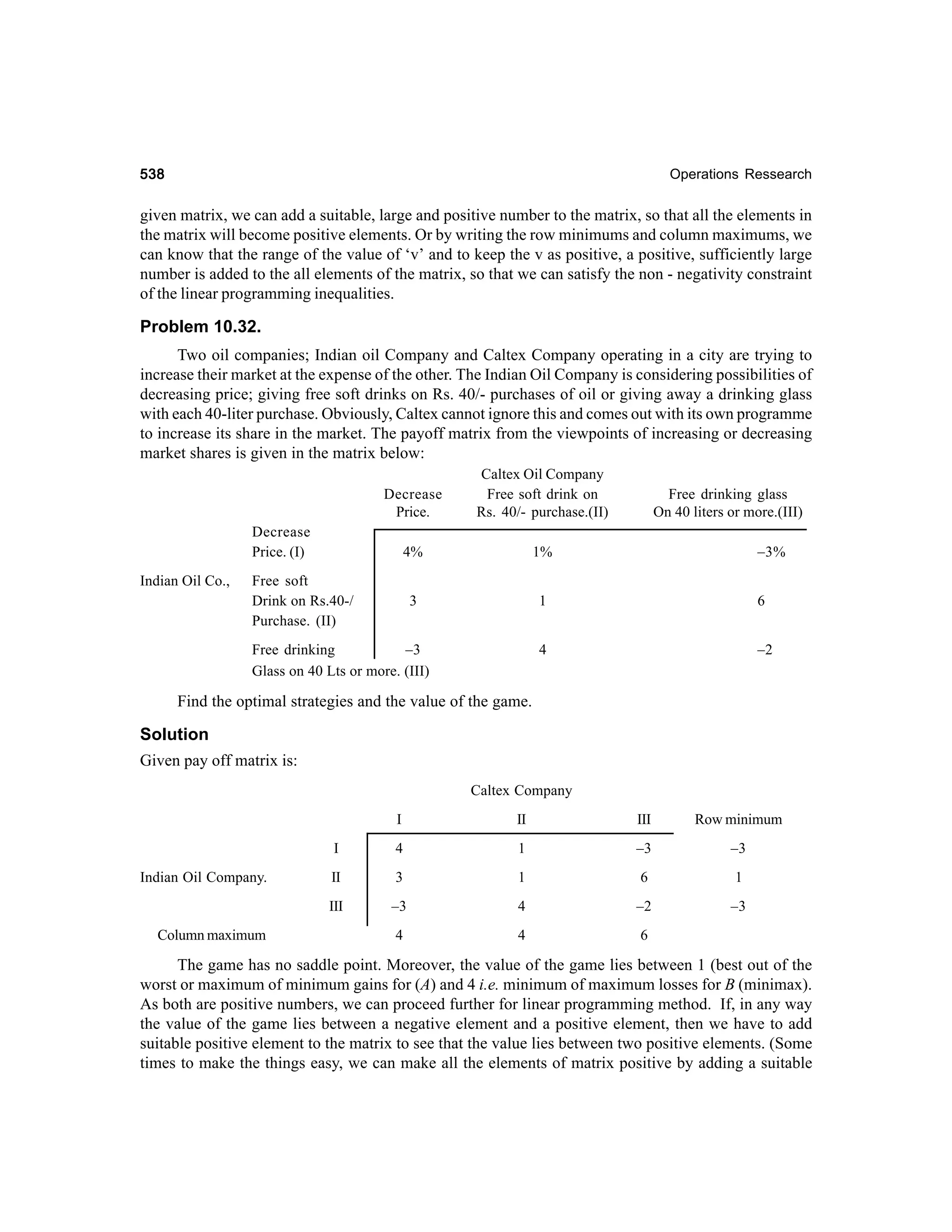 538

Operations Ressearch

given matrix, we can add a suitable, large and positive number to the matrix, so that all the elements in
the matrix will become positive elements. Or by writing the row minimums and column maximums, we
can know that the range of the value of ‘v’ and to keep the v as positive, a positive, sufficiently large
number is added to the all elements of the matrix, so that we can satisfy the non - negativity constraint
of the linear programming inequalities.

Problem 10.32.
Two oil companies; Indian oil Company and Caltex Company operating in a city are trying to
increase their market at the expense of the other. The Indian Oil Company is considering possibilities of
decreasing price; giving free soft drinks on Rs. 40/- purchases of oil or giving away a drinking glass
with each 40-liter purchase. Obviously, Caltex cannot ignore this and comes out with its own programme
to increase its share in the market. The payoff matrix from the viewpoints of increasing or decreasing
market shares is given in the matrix below:
Decrease
Price.

Caltex Oil Company
Free soft drink on
Rs. 40/- purchase.(II)

4%

1%

3

1

6

4

–2

Decrease
Price. (I)
Indian Oil Co.,

Free soft
Drink on Rs.40-/
Purchase. (II)

Free drinking
–3
Glass on 40 Lts or more. (III)

Free drinking glass
On 40 liters or more.(III)
–3%

Find the optimal strategies and the value of the game.

Solution
Given pay off matrix is:
Caltex Company
I

Row minimum

4

1

–3

–3

II

3

1

6

1

III
Column maximum

III

I
Indian Oil Company.

II

–3

4

–2

–3

4

4

6

The game has no saddle point. Moreover, the value of the game lies between 1 (best out of the
worst or maximum of minimum gains for (A) and 4 i.e. minimum of maximum losses for B (minimax).
As both are positive numbers, we can proceed further for linear programming method. If, in any way
the value of the game lies between a negative element and a positive element, then we have to add
suitable positive element to the matrix to see that the value lies between two positive elements. (Some
times to make the things easy, we can make all the elements of matrix positive by adding a suitable

 