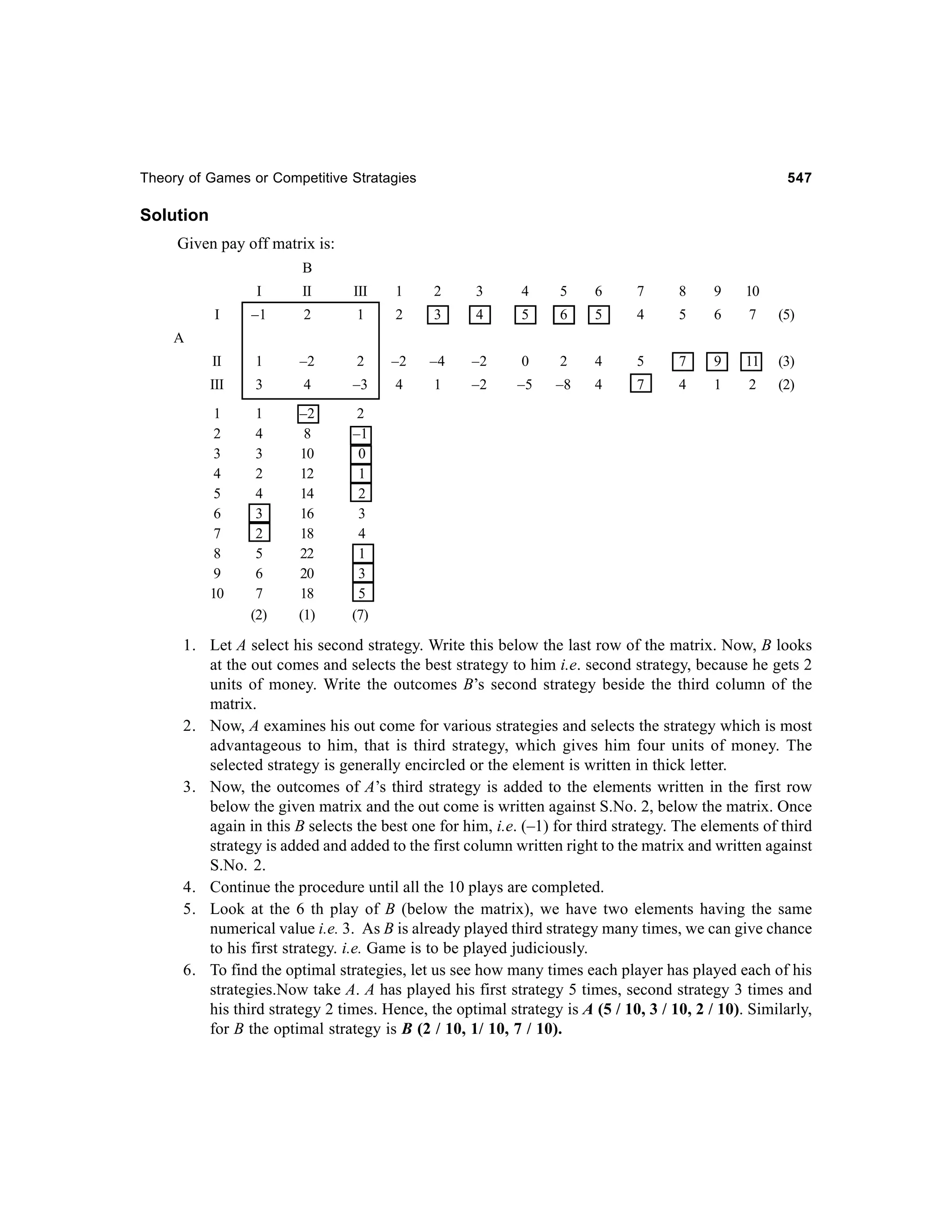 Theory of Games or Competitive Stratagies

547

Solution
Given pay off matrix is:
B
I

II

III

1

2

3

4

5

6

7

8

9

10

I

–1

2

1

2

3

4

5

6

5

4

5

6

7

(5)

II

1

–2

2

–2

–4

–2

0

2

4

5

7

9

11

(3)

III

3

4

–3

4

1

–2

–5

–8

4

7

4

1

2

(2)

1
2
3
4
5
6
7
8
9
10

1
4
3
2
4
3
2
5
6
7
(2)

–2
8
10
12
14
16
18
22
20
18
(1)

2
–1
0
1
2
3
4
1
3
5
(7)

A

1. Let A select his second strategy. Write this below the last row of the matrix. Now, B looks
at the out comes and selects the best strategy to him i.e. second strategy, because he gets 2
units of money. Write the outcomes B’s second strategy beside the third column of the
matrix.
2. Now, A examines his out come for various strategies and selects the strategy which is most
advantageous to him, that is third strategy, which gives him four units of money. The
selected strategy is generally encircled or the element is written in thick letter.
3. Now, the outcomes of A’s third strategy is added to the elements written in the first row
below the given matrix and the out come is written against S.No. 2, below the matrix. Once
again in this B selects the best one for him, i.e. (–1) for third strategy. The elements of third
strategy is added and added to the first column written right to the matrix and written against
S.No. 2.
4. Continue the procedure until all the 10 plays are completed.
5. Look at the 6 th play of B (below the matrix), we have two elements having the same
numerical value i.e. 3. As B is already played third strategy many times, we can give chance
to his first strategy. i.e. Game is to be played judiciously.
6. To find the optimal strategies, let us see how many times each player has played each of his
strategies.Now take A. A has played his first strategy 5 times, second strategy 3 times and
his third strategy 2 times. Hence, the optimal strategy is A (5 / 10, 3 / 10, 2 / 10). Similarly,
for B the optimal strategy is B (2 / 10, 1/ 10, 7 / 10).

 