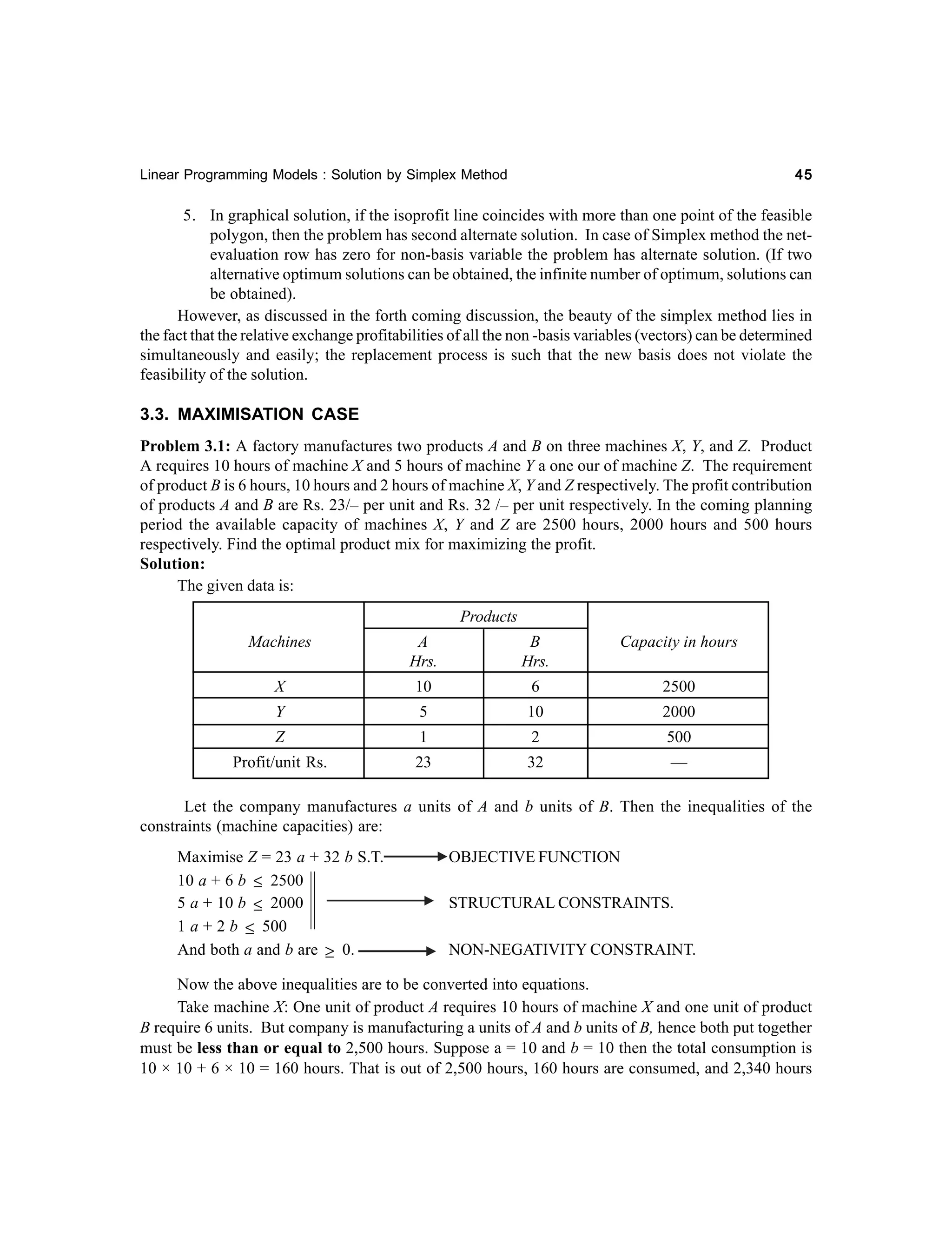 45

Linear Programming Models : Solution by Simplex Method

5. In graphical solution, if the isoprofit line coincides with more than one point of the feasible
polygon, then the problem has second alternate solution. In case of Simplex method the netevaluation row has zero for non-basis variable the problem has alternate solution. (If two
alternative optimum solutions can be obtained, the infinite number of optimum, solutions can
be obtained).
However, as discussed in the forth coming discussion, the beauty of the simplex method lies in
the fact that the relative exchange profitabilities of all the non -basis variables (vectors) can be determined
simultaneously and easily; the replacement process is such that the new basis does not violate the
feasibility of the solution.

3.3. MAXIMISATION CASE
Problem 3.1: A factory manufactures two products A and B on three machines X, Y, and Z. Product
A requires 10 hours of machine X and 5 hours of machine Y a one our of machine Z. The requirement
of product B is 6 hours, 10 hours and 2 hours of machine X, Y and Z respectively. The profit contribution
of products A and B are Rs. 23/– per unit and Rs. 32 /– per unit respectively. In the coming planning
period the available capacity of machines X, Y and Z are 2500 hours, 2000 hours and 500 hours
respectively. Find the optimal product mix for maximizing the profit.
Solution:
The given data is:
Products
Machines

A
Hrs.

B
Hrs.

Capacity in hours

X

10

6

2500

Y

5

10

2000

Z

1

2

500

Profit/unit Rs.

23

32

—

Let the company manufactures a units of A and b units of B. Then the inequalities of the
constraints (machine capacities) are:
Maximise Z = 23 a + 32 b S.T.
10 a + 6 b ≤ 2500
5 a + 10 b ≤ 2000
1 a + 2 b ≤ 500
And both a and b are ≥ 0.

OBJECTIVE FUNCTION
STRUCTURAL CONSTRAINTS.
NON-NEGATIVITY CONSTRAINT.

Now the above inequalities are to be converted into equations.
Take machine X: One unit of product A requires 10 hours of machine X and one unit of product
B require 6 units. But company is manufacturing a units of A and b units of B, hence both put together
must be less than or equal to 2,500 hours. Suppose a = 10 and b = 10 then the total consumption is
10 × 10 + 6 × 10 = 160 hours. That is out of 2,500 hours, 160 hours are consumed, and 2,340 hours

 