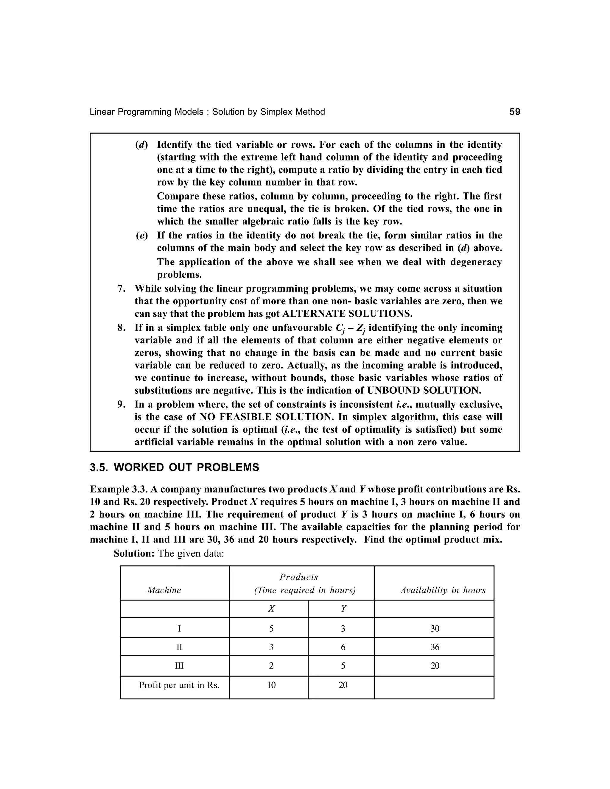 59

Linear Programming Models : Solution by Simplex Method

(d) Identify the tied variable or rows. For each of the columns in the identity
(starting with the extreme left hand column of the identity and proceeding
one at a time to the right), compute a ratio by dividing the entry in each tied
row by the key column number in that row.
Compare these ratios, column by column, proceeding to the right. The first
time the ratios are unequal, the tie is broken. Of the tied rows, the one in
which the smaller algebraic ratio falls is the key row.
(e) If the ratios in the identity do not break the tie, form similar ratios in the
columns of the main body and select the key row as described in (d) above.
The application of the above we shall see when we deal with degeneracy
problems.
7. While solving the linear programming problems, we may come across a situation
that the opportunity cost of more than one non- basic variables are zero, then we
can say that the problem has got ALTERNATE SOLUTIONS.
8. If in a simplex table only one unfavourable Cj – Zj identifying the only incoming
variable and if all the elements of that column are either negative elements or
zeros, showing that no change in the basis can be made and no current basic
variable can be reduced to zero. Actually, as the incoming arable is introduced,
we continue to increase, without bounds, those basic variables whose ratios of
substitutions are negative. This is the indication of UNBOUND SOLUTION.
9. In a problem where, the set of constraints is inconsistent i.e., mutually exclusive,
is the case of NO FEASIBLE SOLUTION. In simplex algorithm, this case will
occur if the solution is optimal (i.e., the test of optimality is satisfied) but some
artificial variable remains in the optimal solution with a non zero value.

3.5. WORKED OUT PROBLEMS
Example 3.3. A company manufactures two products X and Y whose profit contributions are Rs.
10 and Rs. 20 respectively. Product X requires 5 hours on machine I, 3 hours on machine II and
2 hours on machine III. The requirement of product Y is 3 hours on machine I, 6 hours on
machine II and 5 hours on machine III. The available capacities for the planning period for
machine I, II and III are 30, 36 and 20 hours respectively. Find the optimal product mix.
Solution: The given data:

Machine

Products
(Time required in hours)

Availability in hours

X

Y

I

5

3

30

II

3

6

36

III

2

5

20

Profit per unit in Rs.

10

20

 