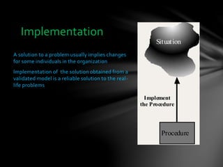 A solution to a problem usually implies changes
for some individuals in the organization
Implementation of the solution obtained from a
validated model is a reliable solution to the real-
life problems
Implementation
Situation
Procedure
Implement
the Procedure
 
