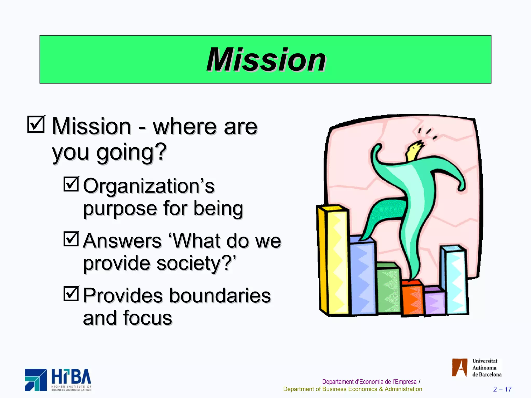 Mission Mission - where are you going? Organization’s purpose for being Answers ‘What do we provide society?’ Provides boundaries and focus 