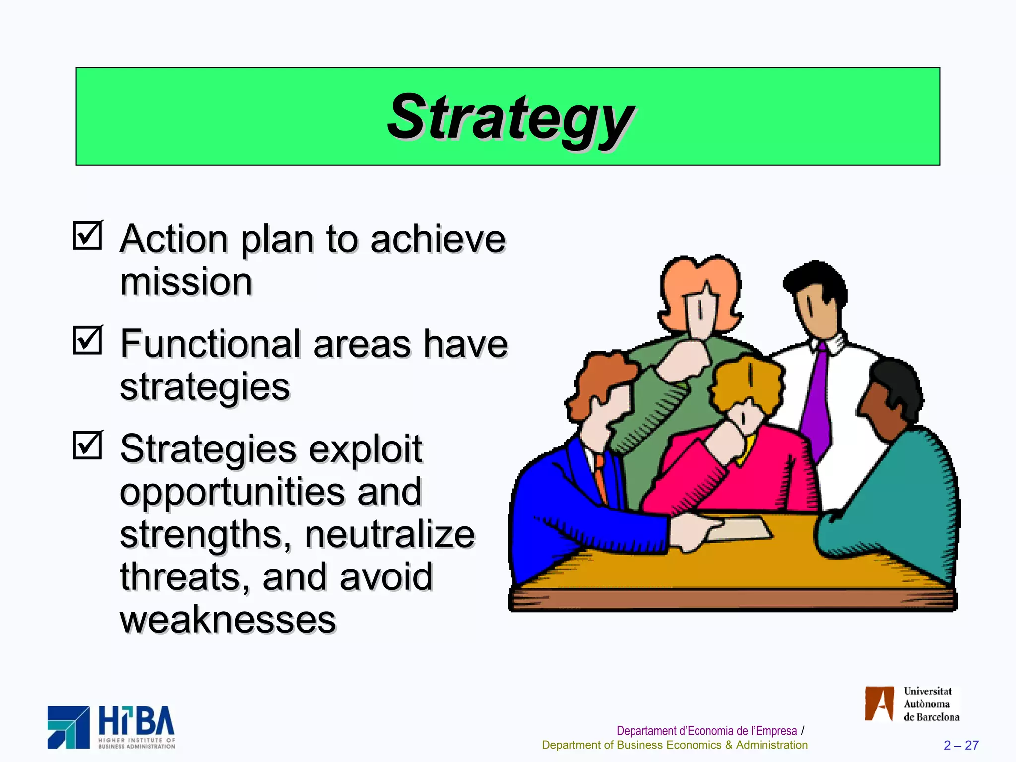 Strategy Action plan to achieve mission Functional areas have strategies Strategies exploit opportunities and strengths, neutralize threats, and avoid weaknesses 