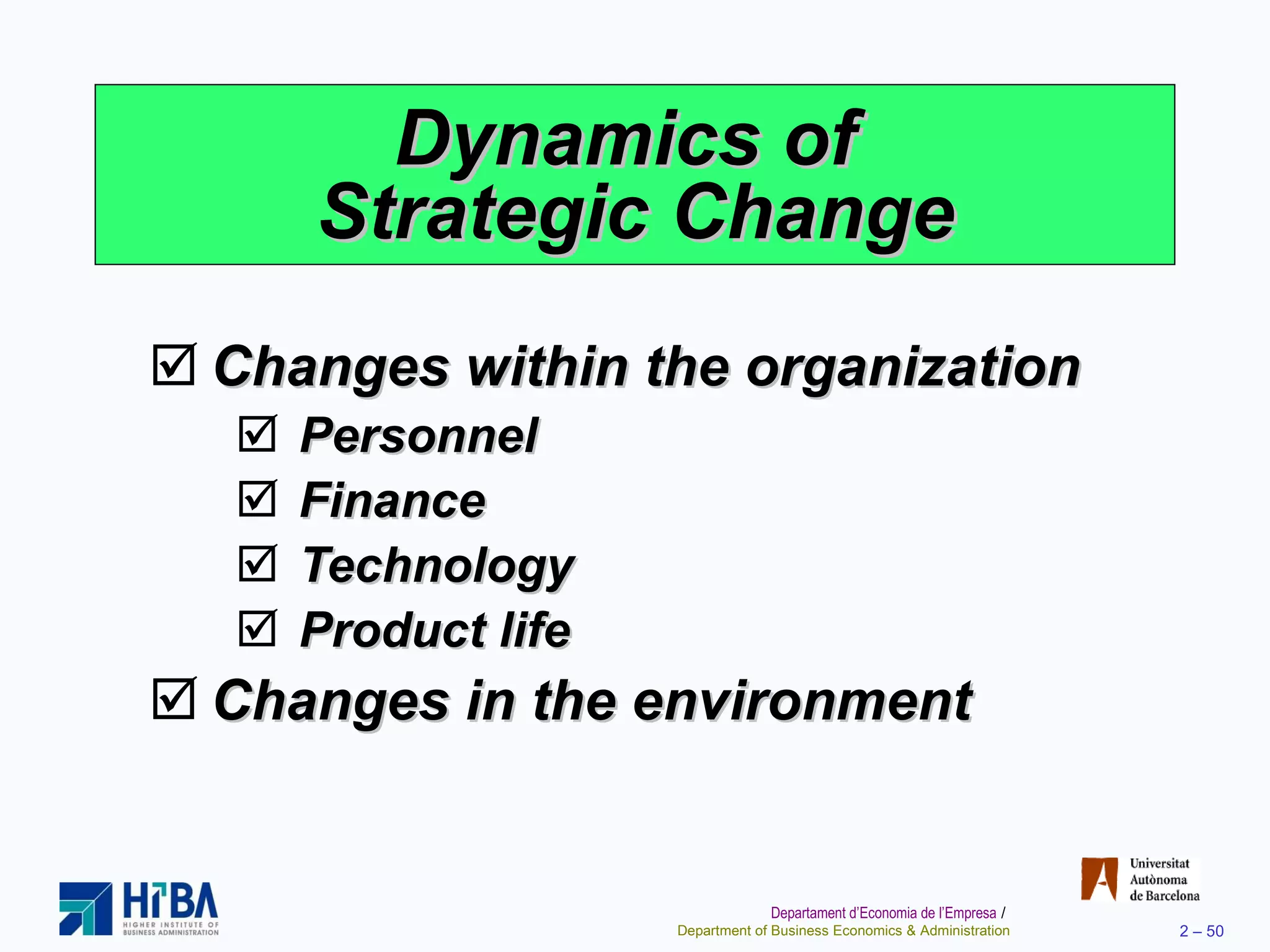 Dynamics of  Strategic Change Changes within the organization Personnel Finance Technology Product life Changes in the environment 