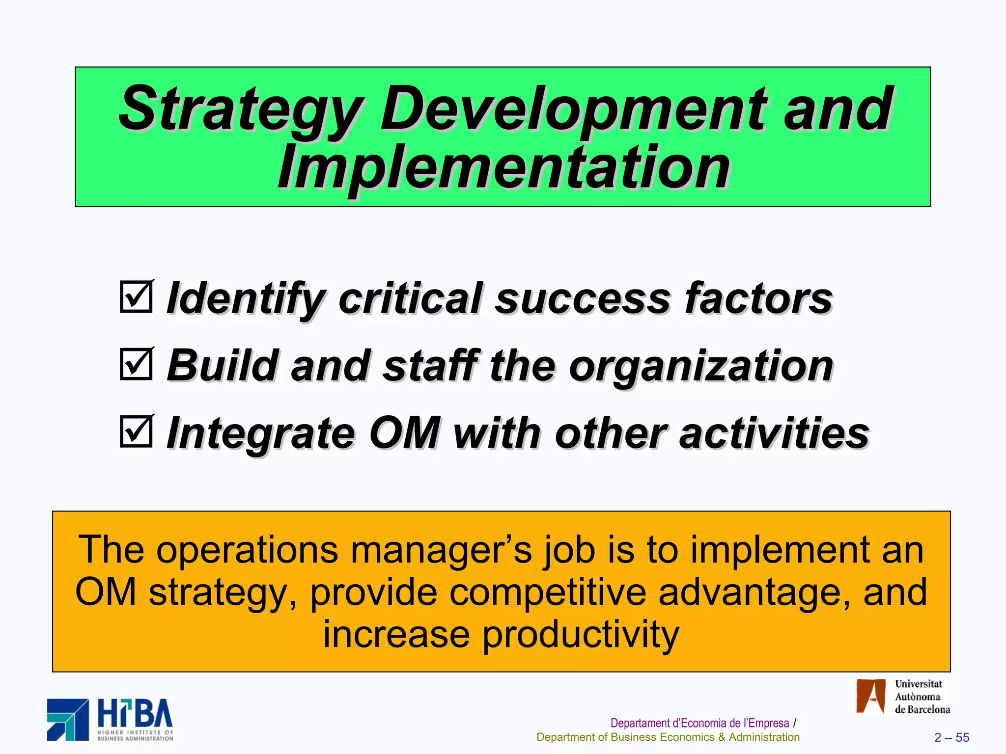 Strategy Development and Implementation Identify critical success factors Build and staff the organization Integrate OM with other activities The operations manager’s job is to implement an OM strategy, provide competitive advantage, and increase productivity 