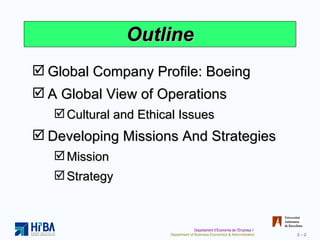 Outline Global Company Profile: Boeing A Global View of Operations Cultural and Ethical Issues Developing Missions And Strategies Mission Strategy 