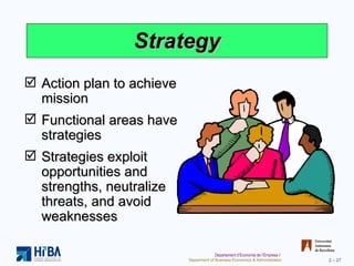 Strategy Action plan to achieve mission Functional areas have strategies Strategies exploit opportunities and strengths, neutralize threats, and avoid weaknesses 