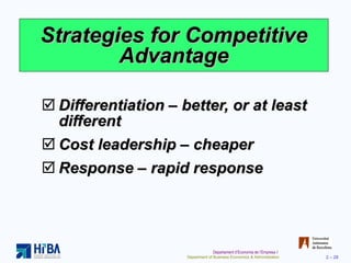 Strategies for Competitive Advantage Differentiation – better, or at least different Cost leadership  –  cheaper Response – rapid response 