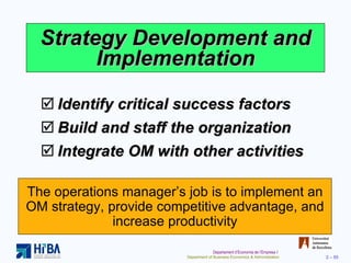 Strategy Development and Implementation Identify critical success factors Build and staff the organization Integrate OM with other activities The operations manager’s job is to implement an OM strategy, provide competitive advantage, and increase productivity 