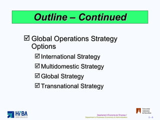 Outline  –  Continued Global Operations Strategy Options International Strategy Multidomestic Strategy Global Strategy Transnational Strategy 