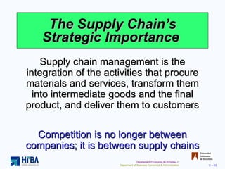 The Supply Chain’s Strategic Importance  Supply chain management is the integration of the activities that procure materials and services, transform them into intermediate goods and the final product, and deliver them to customers Competition is no longer between companies; it is between supply chains 
