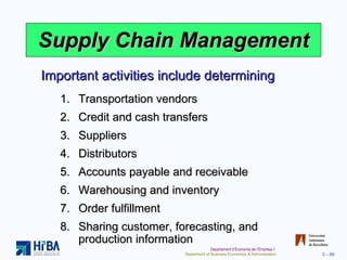 Supply Chain Management Transportation vendors Credit and cash transfers Suppliers Distributors  Accounts payable and receivable Warehousing and inventory Order fulfillment Sharing customer, forecasting, and production information Important activities include determining 