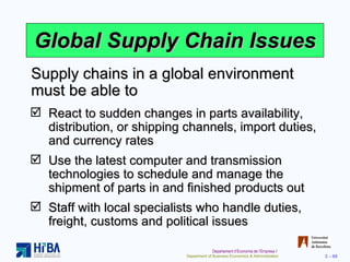 Global Supply Chain Issues React to sudden changes in parts availability, distribution, or shipping channels, import duties, and currency rates Use the latest computer and transmission technologies to schedule and manage the shipment of parts in and finished products out Staff with local specialists who handle duties, freight, customs and political issues Supply chains in a global environment must be able to 