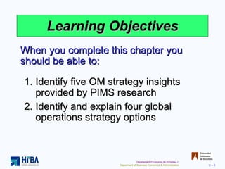 Learning Objectives Identify five OM strategy insights provided by PIMS research Identify and explain four global operations strategy options When you complete this chapter you should be able to: 