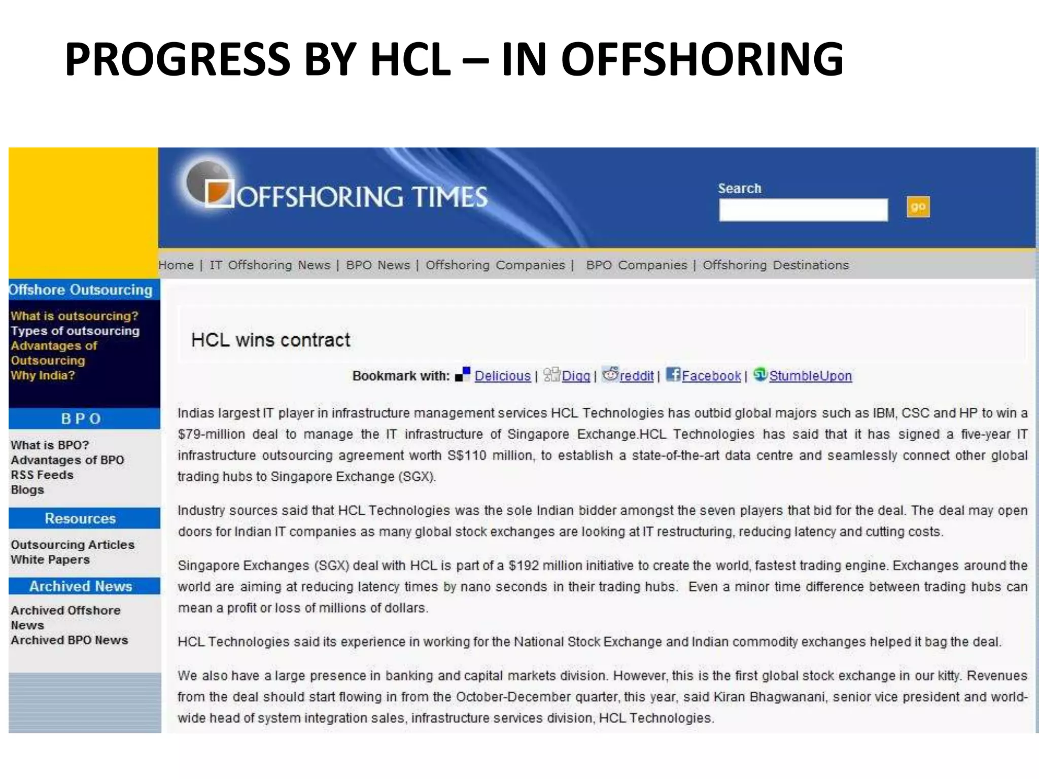 PROGRESS BY HCL – IN OFFSHORING
 