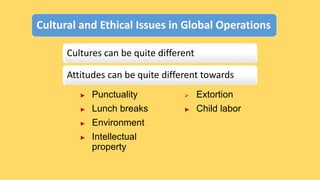 Cultural and Ethical Issues in Global Operations
Cultures can be quite different
Attitudes can be quite different towards
► Punctuality
► Lunch breaks
► Environment
► Intellectual
property
 Extortion
► Child labor
 