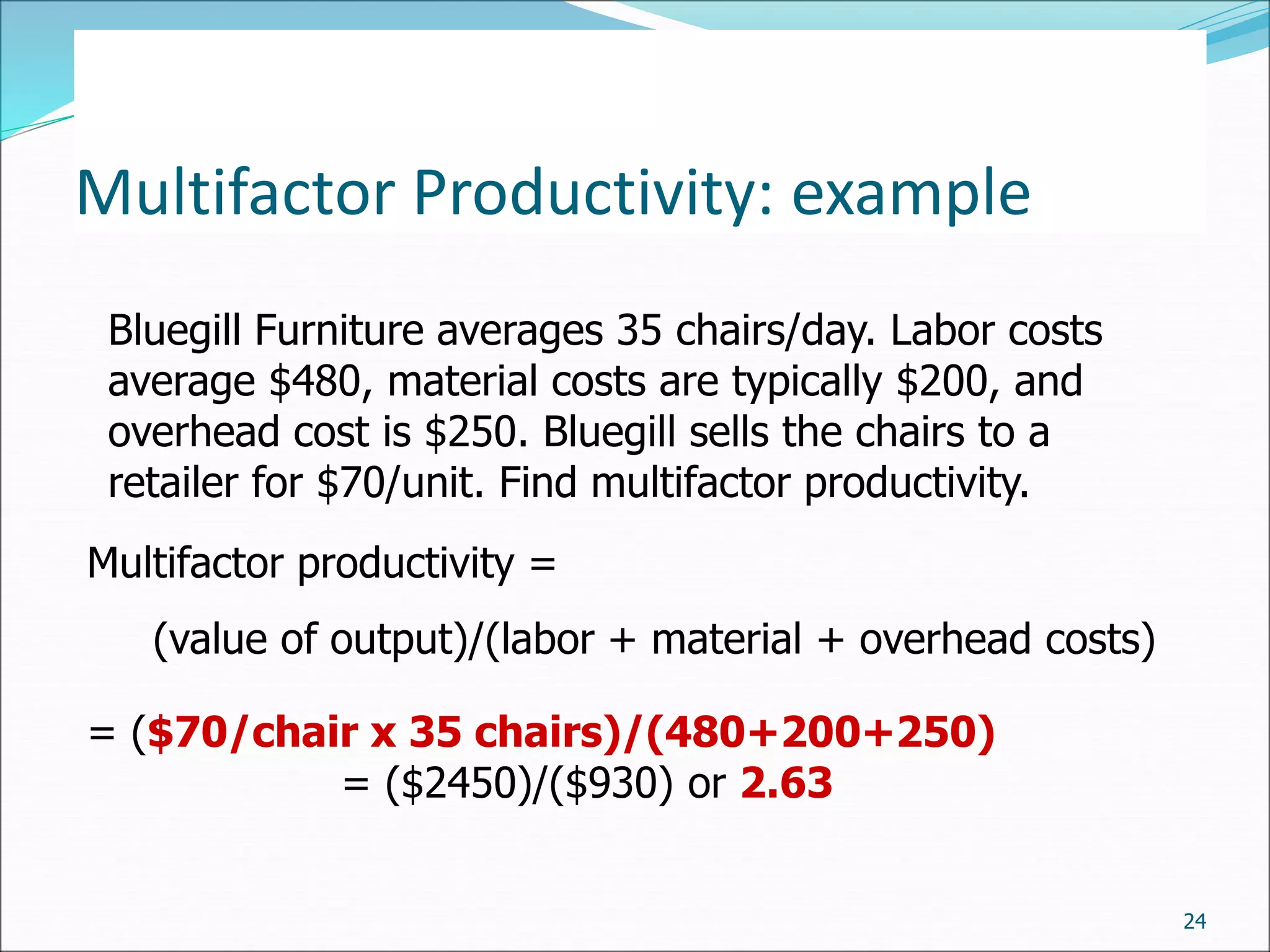 Multifactor Productivity: example
24
Bluegill Furniture averages 35 chairs/day. Labor costs
average $480, material costs are typically $200, and
overhead cost is $250. Bluegill sells the chairs to a
retailer for $70/unit. Find multifactor productivity.
Multifactor productivity =
(value of output)/(labor + material + overhead costs)
= ($70/chair x 35 chairs)/(480+200+250)
= ($2450)/($930) or 2.63
 