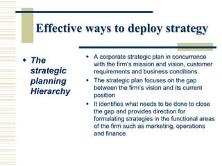 Effective ways to deploy strategy
 The
strategic
planning
Hierarchy
 A corporate strategic plan in concurrence
with the firm’s mission and vision, customer
requirements and business conditions.
 The strategic plan focuses on the gap
between the firm’s vision and its current
position
 It identifies what needs to be done to close
the gap and provides direction for
formulating strategies in the functional areas
of the firm such as marketing, operations
and finance
 