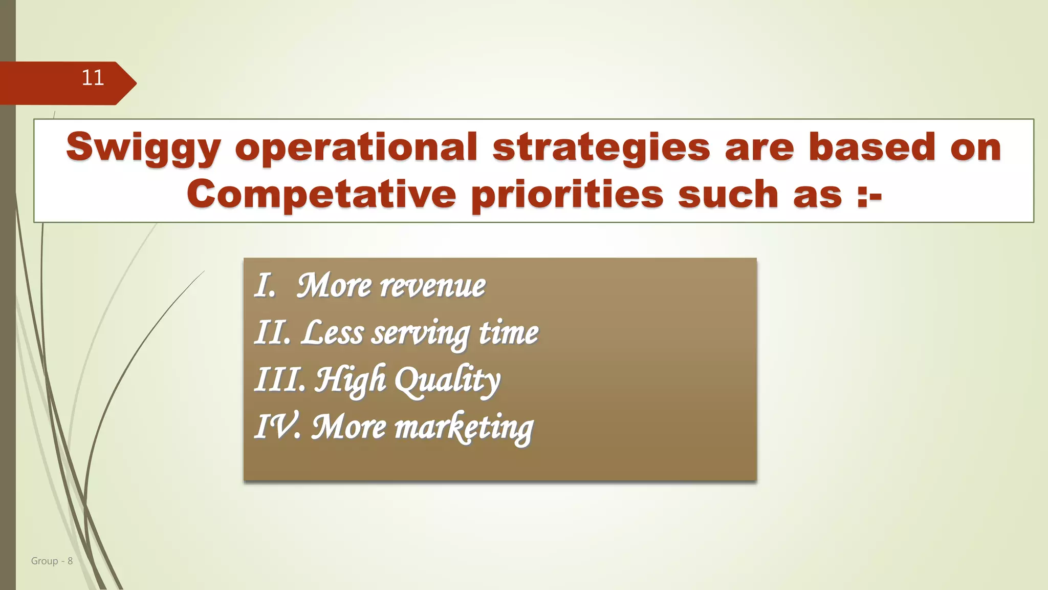 Group - 8
11
Swiggy operational strategies are based on
Competative priorities such as :-
 