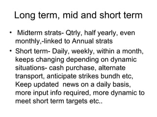 Long term, mid and short term
• Midterm strats- Qtrly, half yearly, even
  monthly,-linked to Annual strats
• Short term- Daily, weekly, within a month,
  keeps changing depending on dynamic
  situations- cash purchase, alternate
  transport, anticipate strikes bundh etc,
  Keep updated news on a daily basis,
  more input info required, more dynamic to
  meet short term targets etc..
 