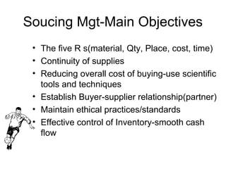 Soucing Mgt-Main Objectives
 • The five R s(material, Qty, Place, cost, time)
 • Continuity of supplies
 • Reducing overall cost of buying-use scientific
   tools and techniques
 • Establish Buyer-supplier relationship(partner)
 • Maintain ethical practices/standards
 • Effective control of Inventory-smooth cash
   flow
 