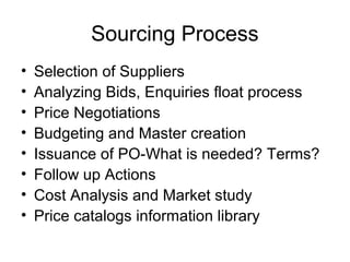 Sourcing Process
•   Selection of Suppliers
•   Analyzing Bids, Enquiries float process
•   Price Negotiations
•   Budgeting and Master creation
•   Issuance of PO-What is needed? Terms?
•   Follow up Actions
•   Cost Analysis and Market study
•   Price catalogs information library
 