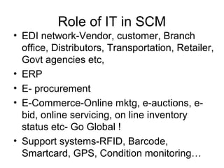 Role of IT in SCM
• EDI network-Vendor, customer, Branch
  office, Distributors, Transportation, Retailer,
  Govt agencies etc,
• ERP
• E- procurement
• E-Commerce-Online mktg, e-auctions, e-
  bid, online servicing, on line inventory
  status etc- Go Global !
• Support systems-RFID, Barcode,
  Smartcard, GPS, Condition monitoring…
 