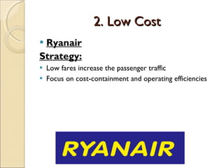 2. Low Cost Ryanair Strategy: Low fares increase the passenger traffic Focus on cost-containment and operating efficiencies 