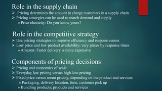 Role in the supply chain
 Pricing determines the amount to charge customers in a supply chain
 Pricing strategies can be used to match demand and supply
» Price elasticity: Do you know yours?
Role in the competitive strategy
 Use pricing strategies to improve efficiency and responsiveness
 Low price and low product availability; vary prices by response times
» Amazon: Faster delivery is more expensive
Components of pricing decisions
 Pricing and economies of scale
 Everyday low pricing versus high-low pricing
 Fixed price versus menu pricing, depending on the product and services
» Packaging, delivery location, time, customer pick up
» Bundling products; products and services
 
