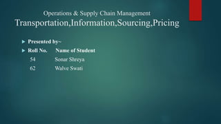Operations & Supply Chain Management
Transportation,Information,Sourcing,Pricing
 Presented by~
 Roll No. Name of Student
54 Sonar Shreya
62 Walve Swati
 