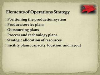 Positioning the production system
Product/service plans
Outsourcing plans
Process and technology plans
Strategic allocation of resources
Facility plans: capacity, location, and layout
 