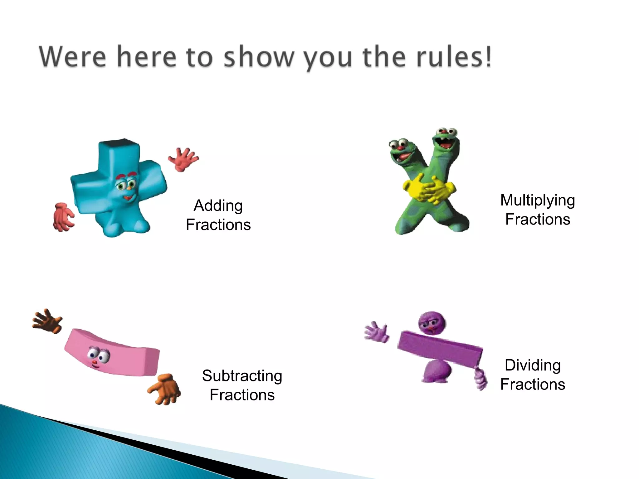 Adding Fractions Subtracting Fractions Multiplying Fractions Dividing Fractions 