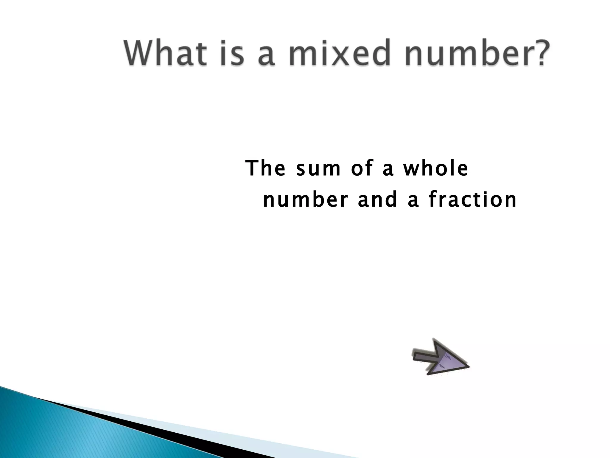 The sum of a whole number and a fraction 