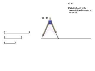 STEPS:
1.Take the length of the
segment CD and transport it
on the ray
 