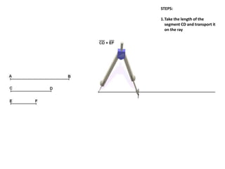 STEPS:
1.Take the length of the
segment CD and transport it
on the ray
 