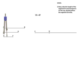 STEPS:
2.Now, take the length of the
segment EF and transport it
on the ray, starting where
the segment CD ends.
 